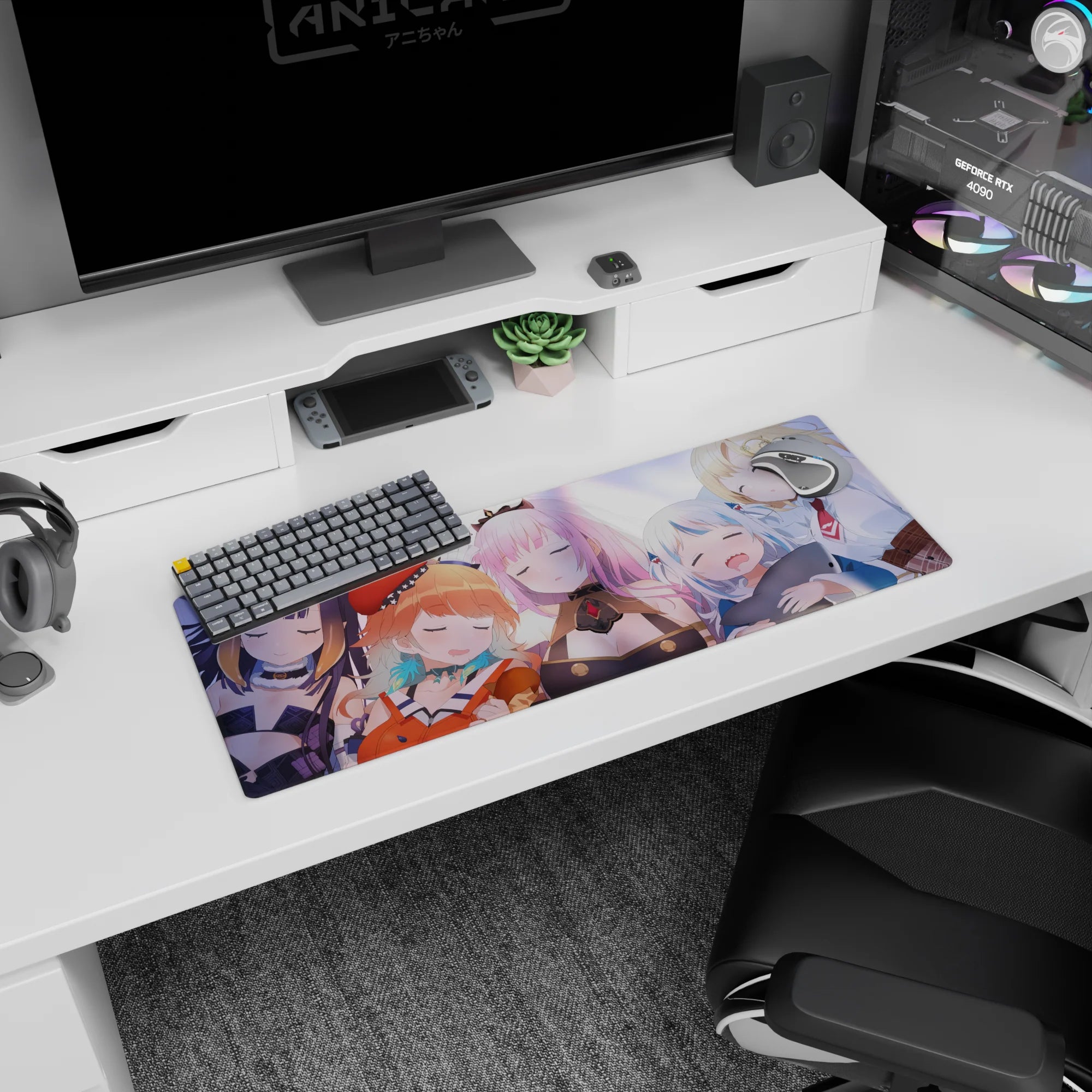 32x12 inches anime girl mouse pad featuring Houshou Marine, Gawr Gura, and friends napping together.