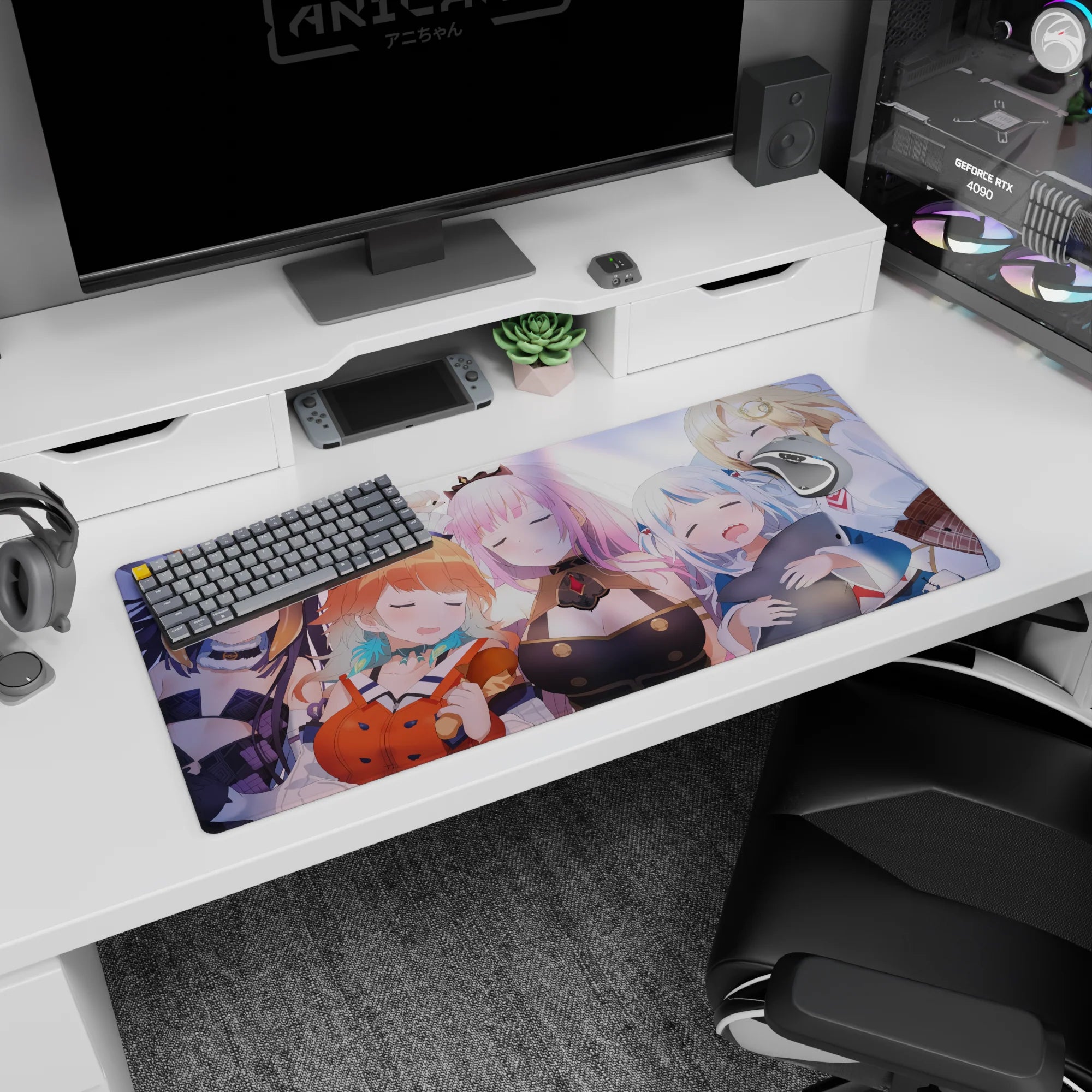 36x16 inches anime desk pad showing Marine, Calliope, Gura, and Amelia napping together.