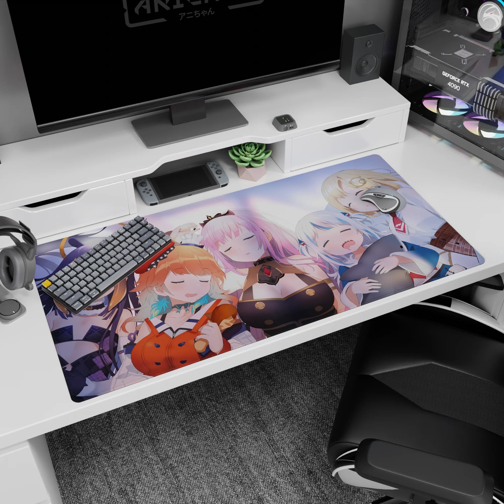 Hololive Marine, Calliope, Gura and Amelia napping together on an anime desk pad 40x20 inches.