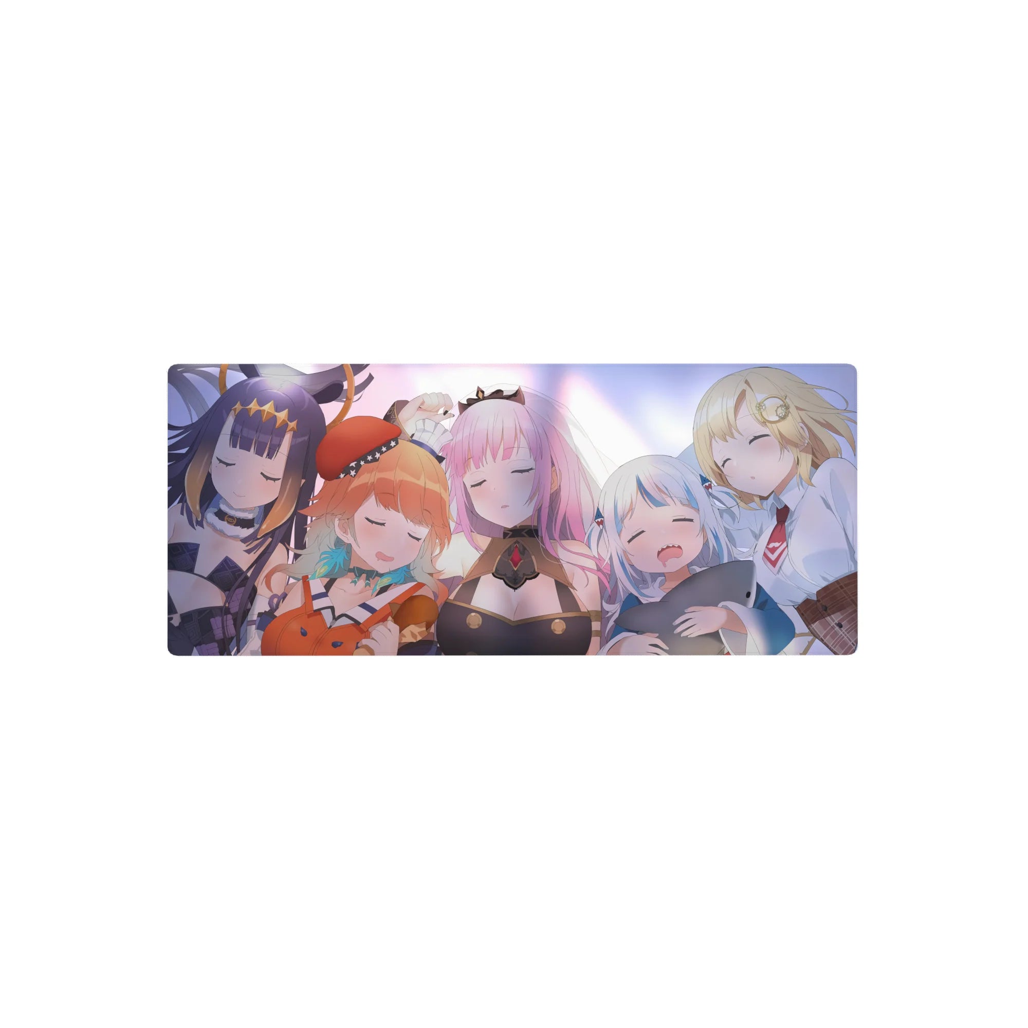 28x12 inches anime girl mouse pad with four sleepy Hololive-style girls, pastel glow, crisp anime shading.