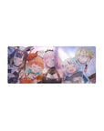 28x12 inches anime girl mouse pad with four sleepy Hololive-style girls, pastel glow, crisp anime shading.