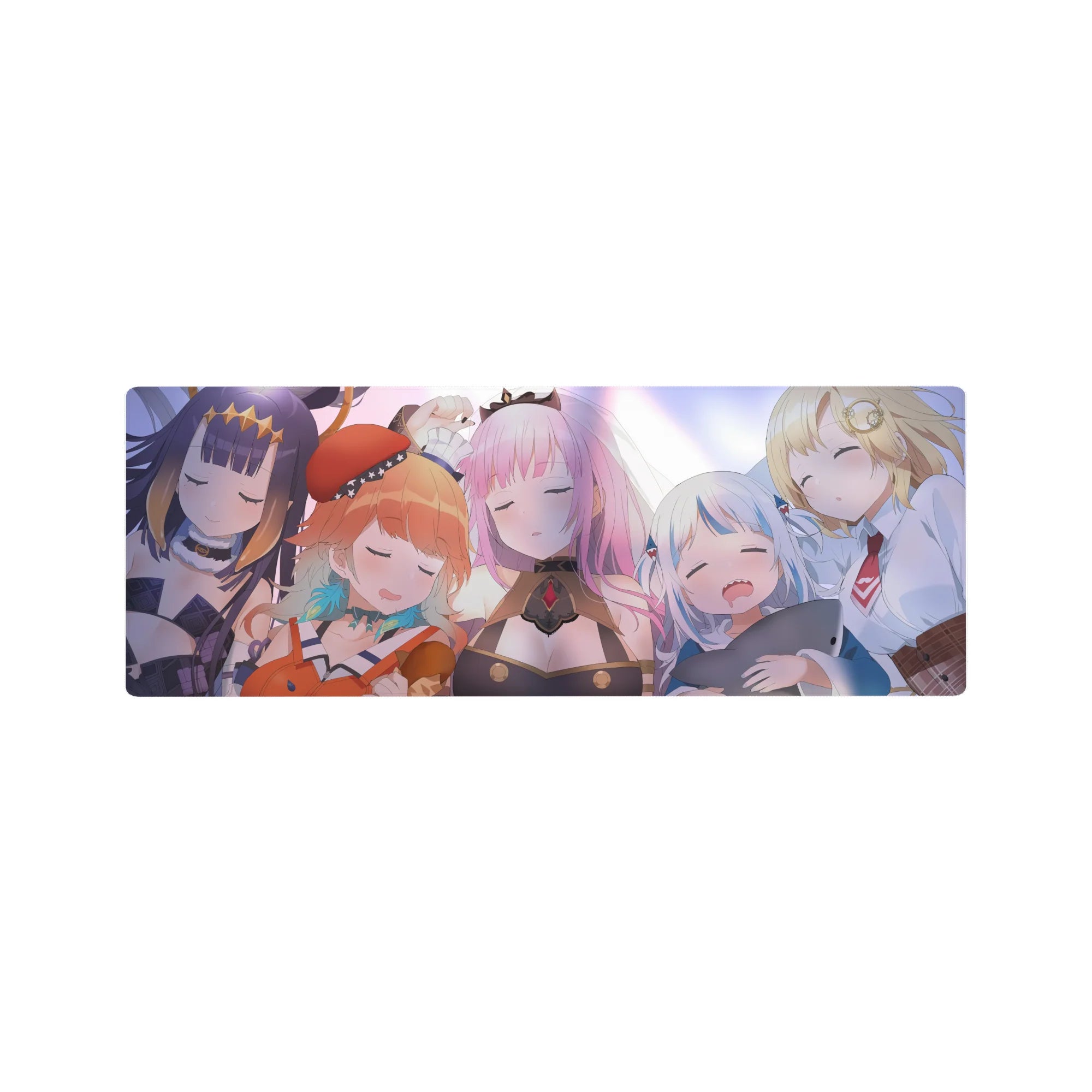 32x12 inches anime girl mouse pad with sleepy Hololive-style girls, pastel glow, crisp anime shading.