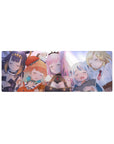 32x12 inches anime girl mouse pad with sleepy Hololive-style girls, pastel glow, crisp anime shading.