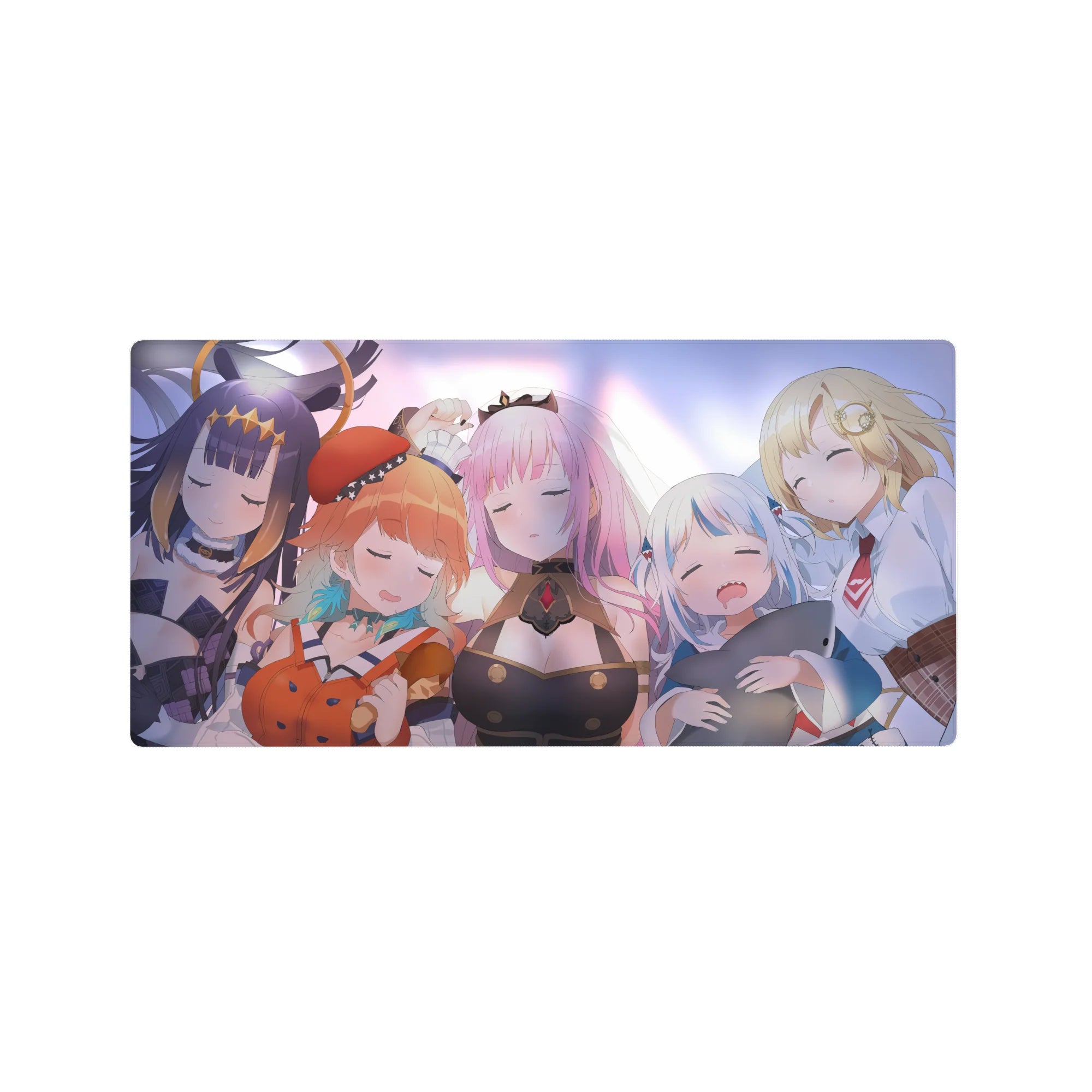 32x16 inches anime girl mouse pad with four sleepy Hololive-style girls, crisp shading and glow.