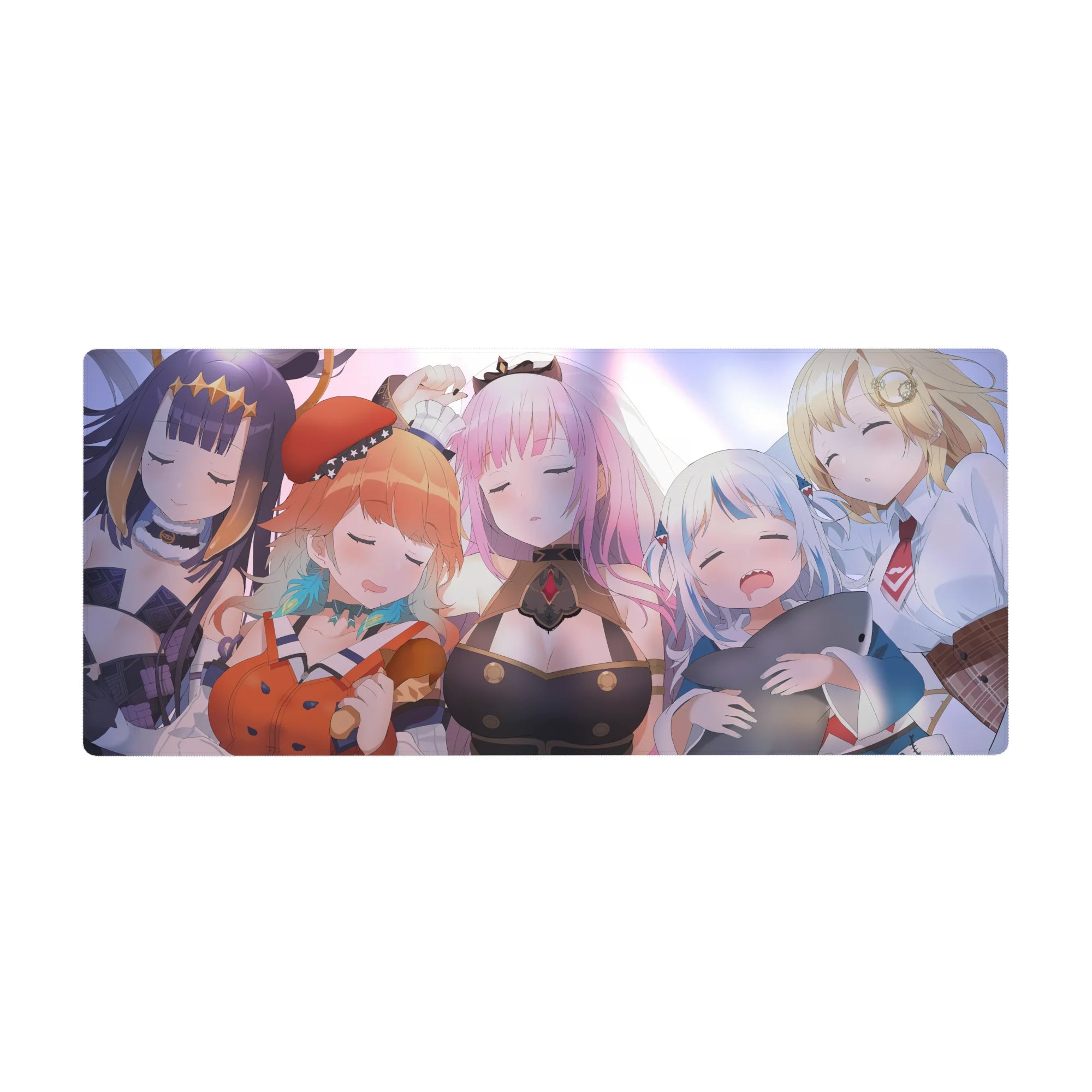 36x16 inches anime girl desk pad with sleepy Hololive-style lineup, crisp shading, soft smiles, vivid print.