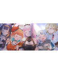 36x16 inches anime girl desk pad with sleepy Hololive-style lineup, crisp shading, soft smiles, vivid print.