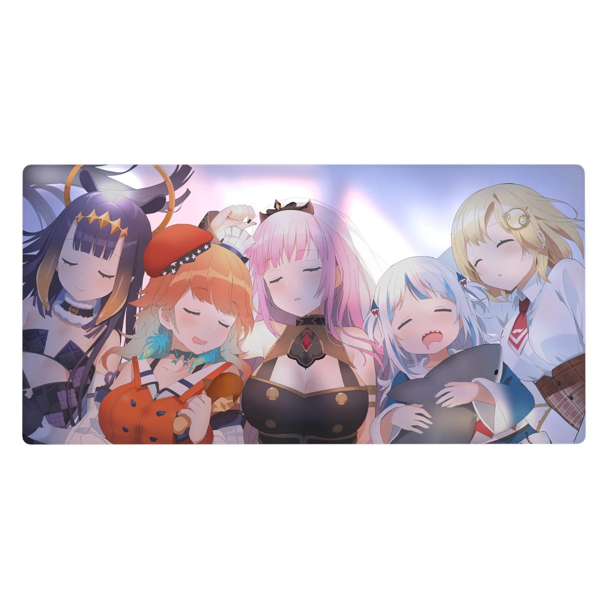 Anime girl desk pad 40x20 inches featuring four sleepy Hololive-style girls with soft smiles and crisp shading.