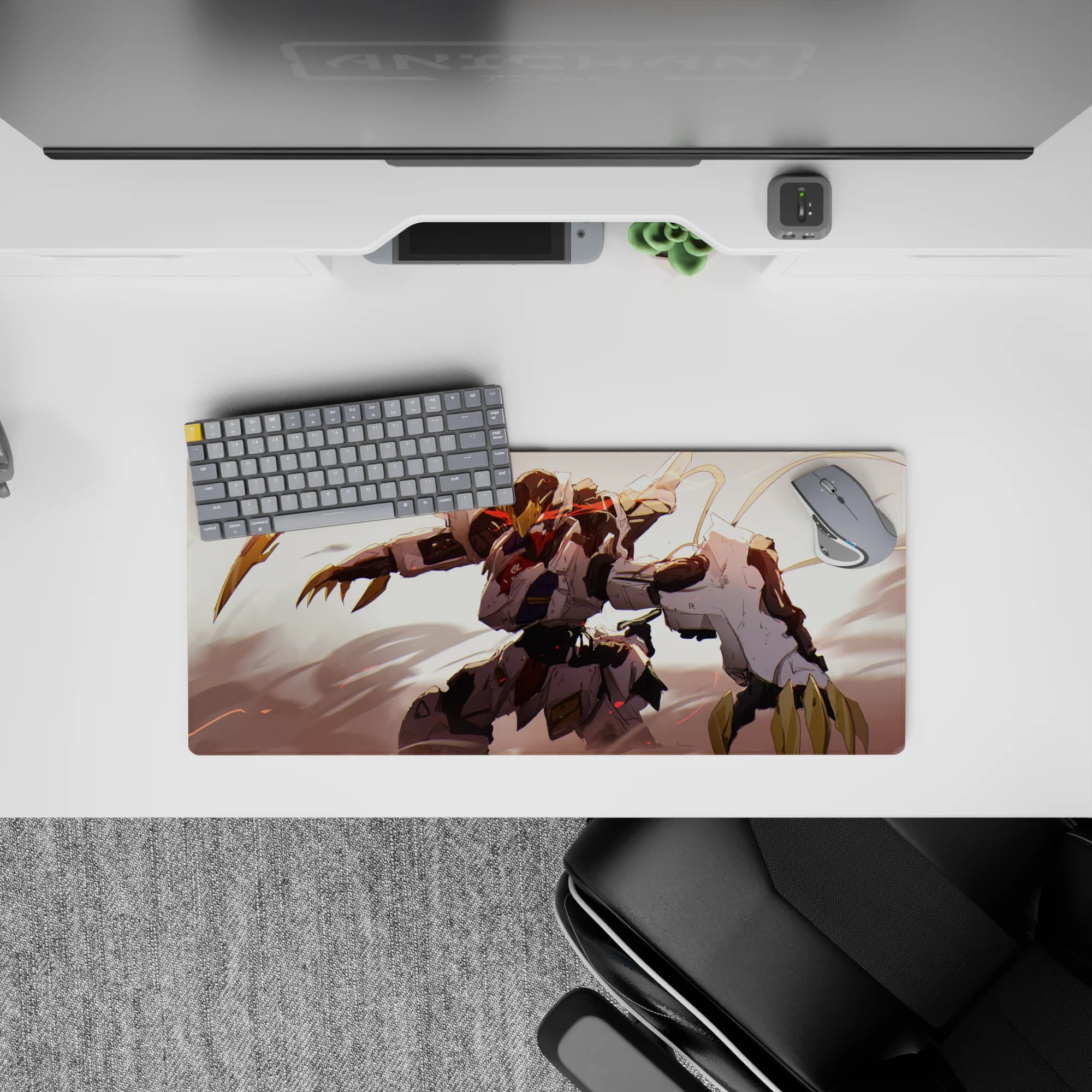 28x12 inches anime mouse pad in creamy whites and charcoal with hot red streaks and gold accents.