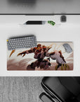 28x12 inches anime mouse pad in creamy whites and charcoal with hot red streaks and gold accents.