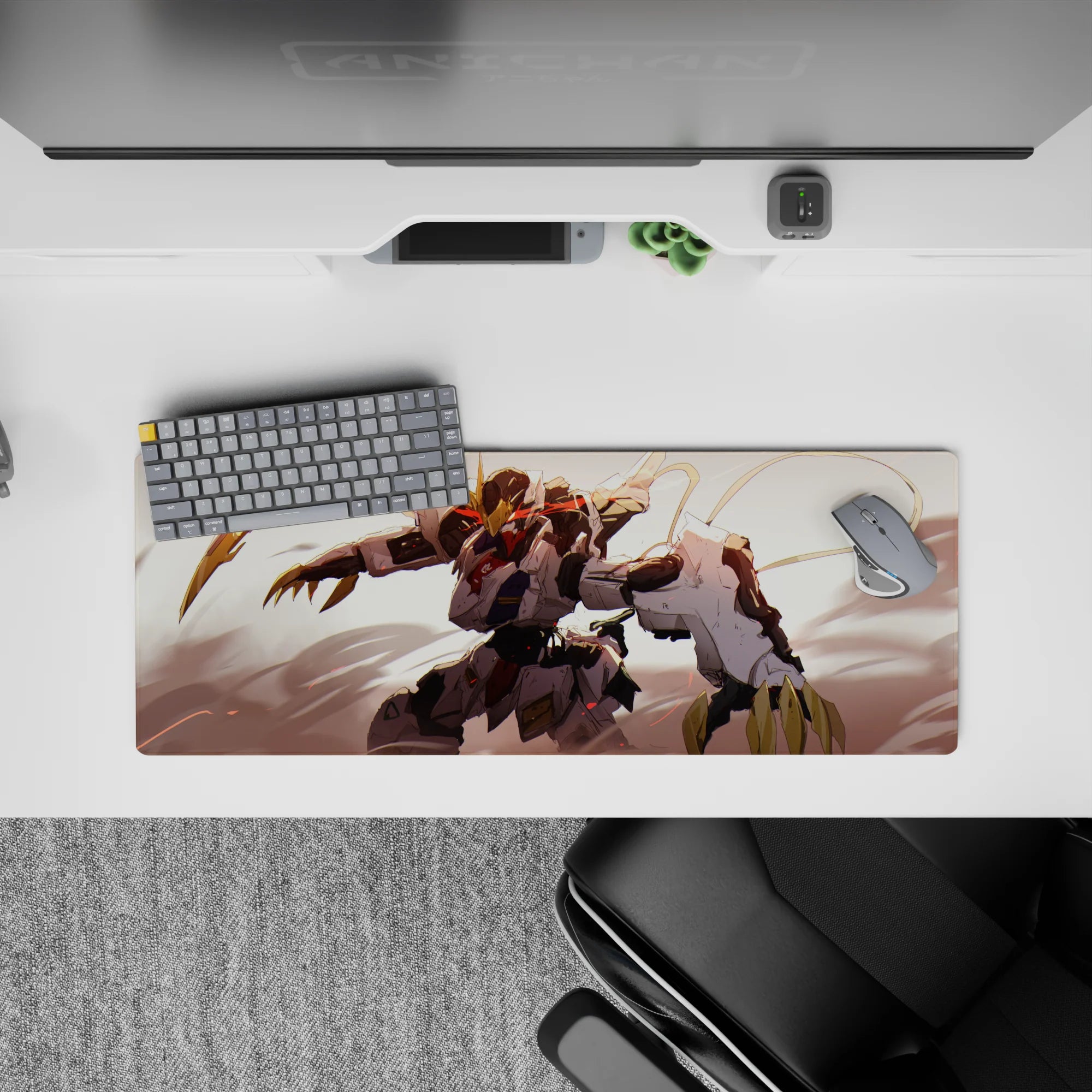 32x12 inches anime mouse pad in creamy whites and charcoal armor with hot red streaks, bold vibe.