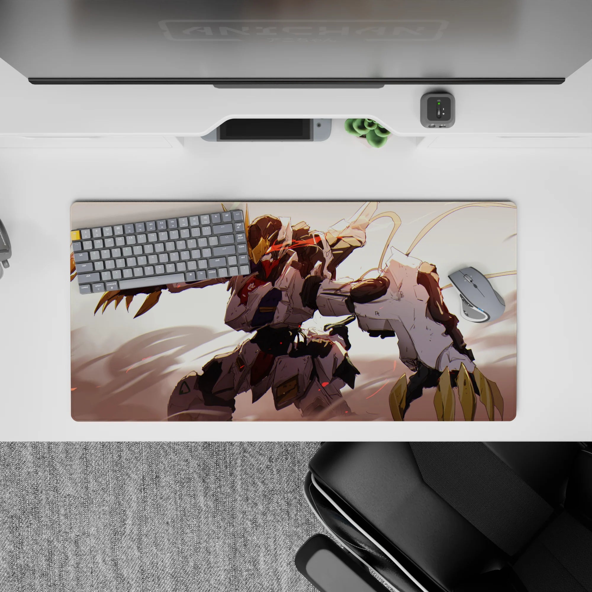 32x16 inches anime mouse pad in creamy white and charcoal armor tones with hot red accents, dusty light vibe.