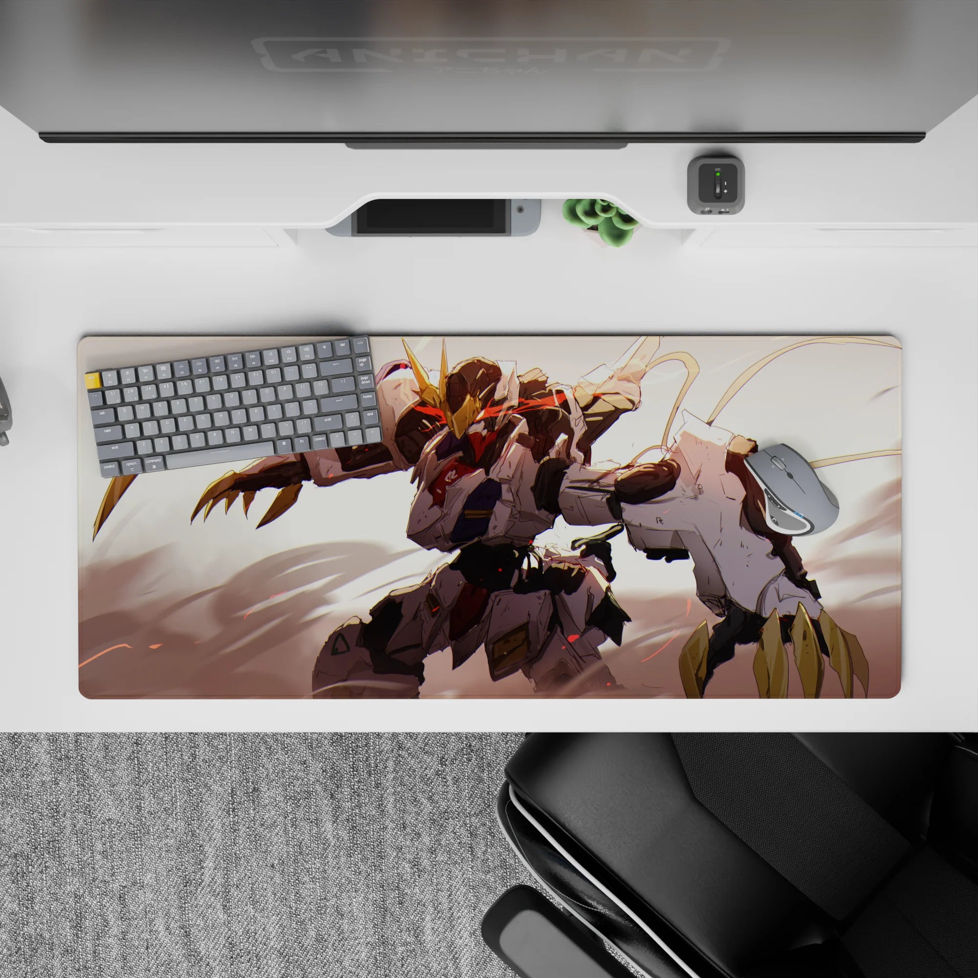 36x16 inches anime desk pad in creamy whites and charcoal armor with hot red streaks and gold accents.