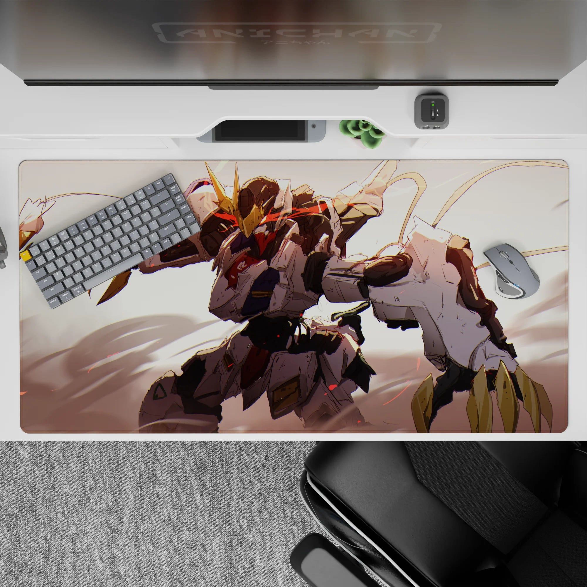 Moody 40x20 inches anime desk pad in creamy whites and charcoal armor with hot red streaks and gold accents.