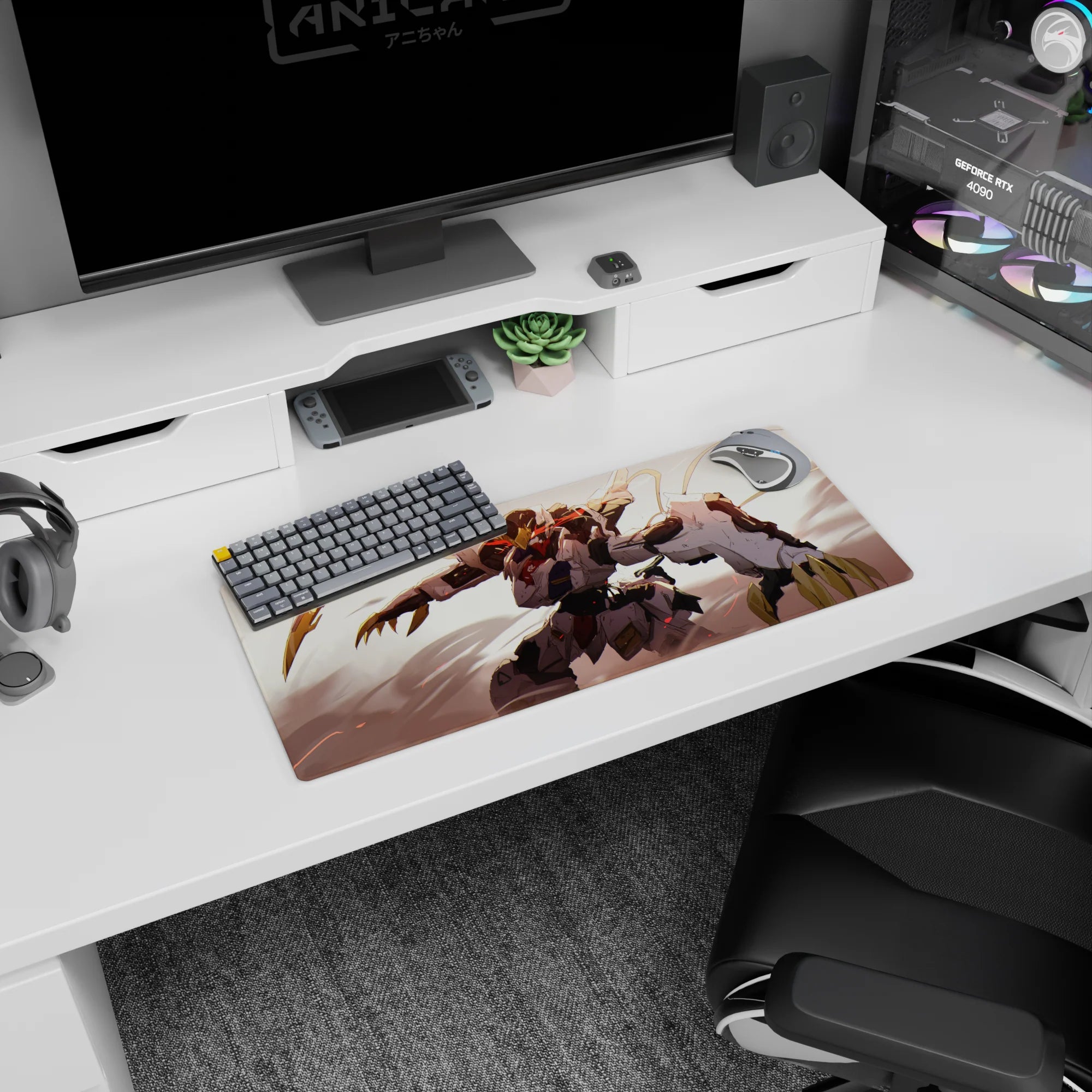 28x12 inches Gundam Barbatos mouse pad lunging through dusty light, horns and claws flashing.