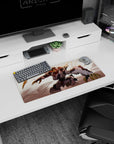 28x12 inches Gundam Barbatos mouse pad lunging through dusty light, horns and claws flashing.