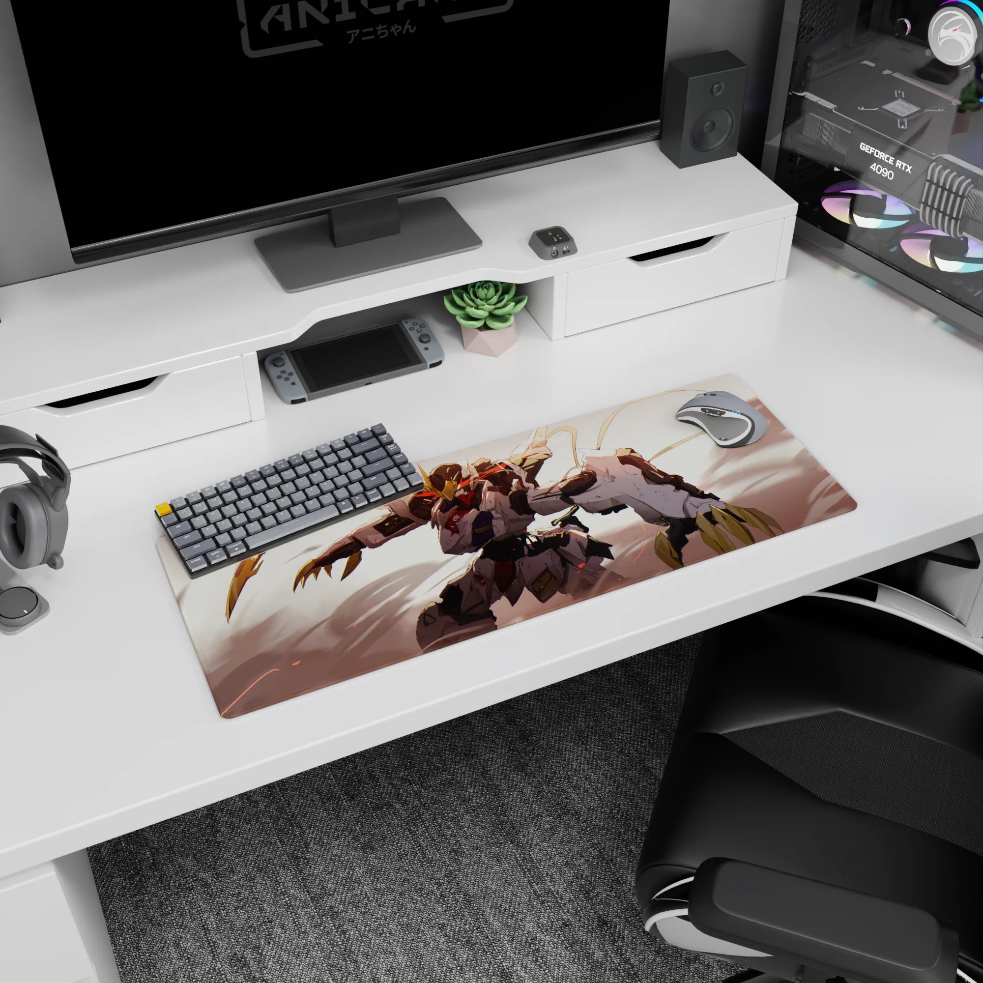 32x12 inches Gundam Barbatos mouse pad lunging through dusty light, gold claws and horns on display.