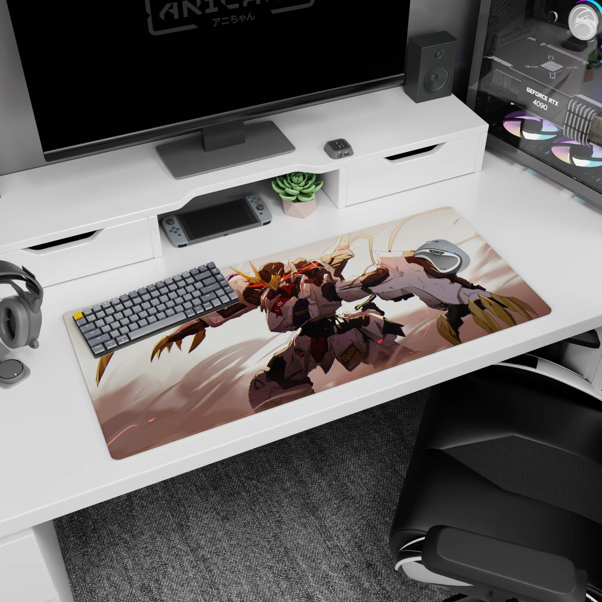 36x16 inches anime desk pad showing Gundam Barbatos lunging through dusty light with horns and claws.