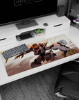 36x16 inches anime desk pad showing Gundam Barbatos lunging through dusty light with horns and claws.