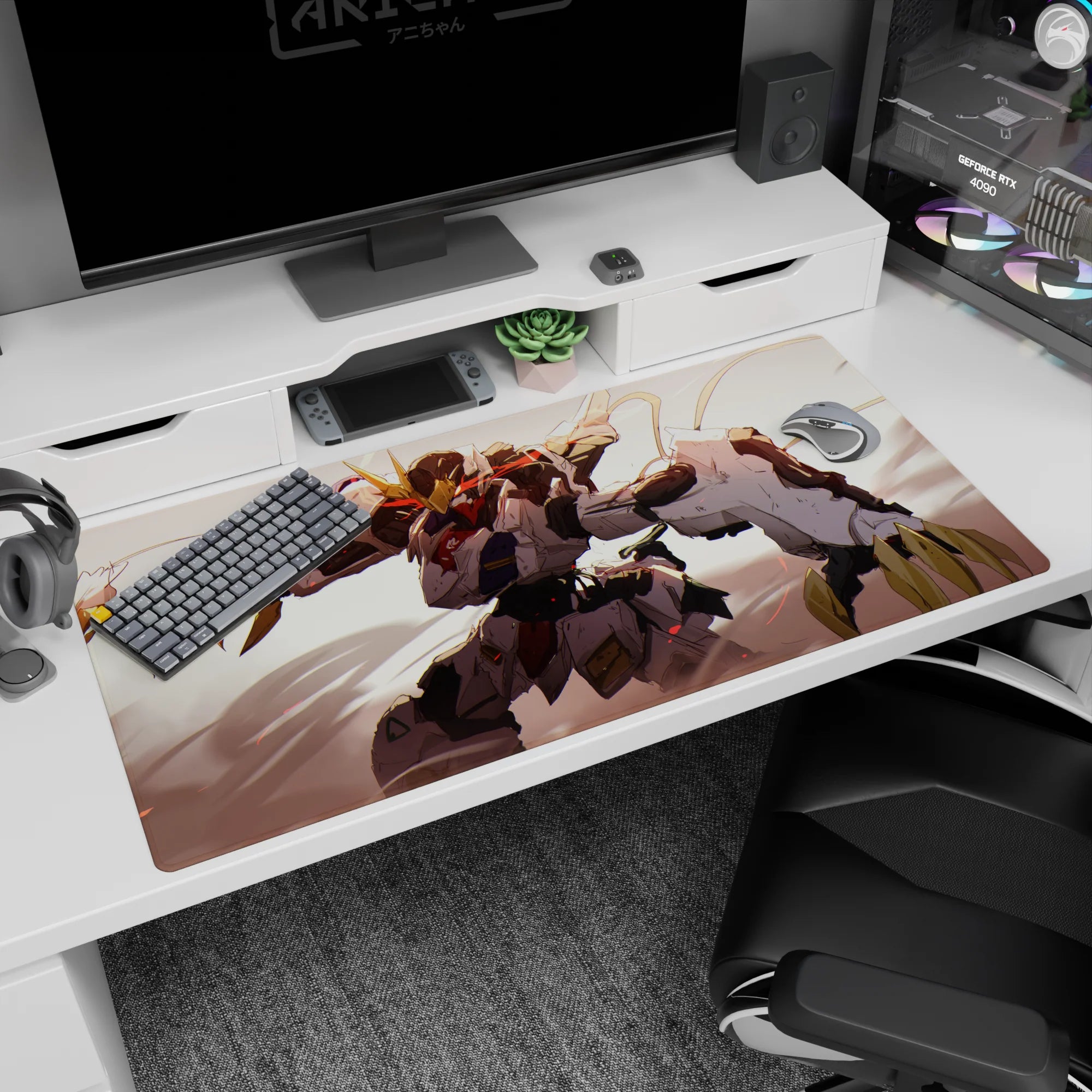Gundam Barbatos lunging forward on a 40x20 inches anime desk pad, claws and horns flashing in dusty light.