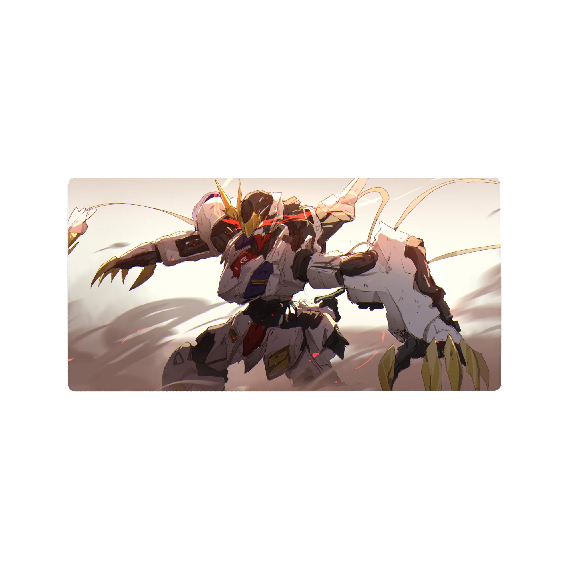 32x16 inches anime mouse pad featuring a feral Gundam-style mech with gold horns, claws, and red streaks.