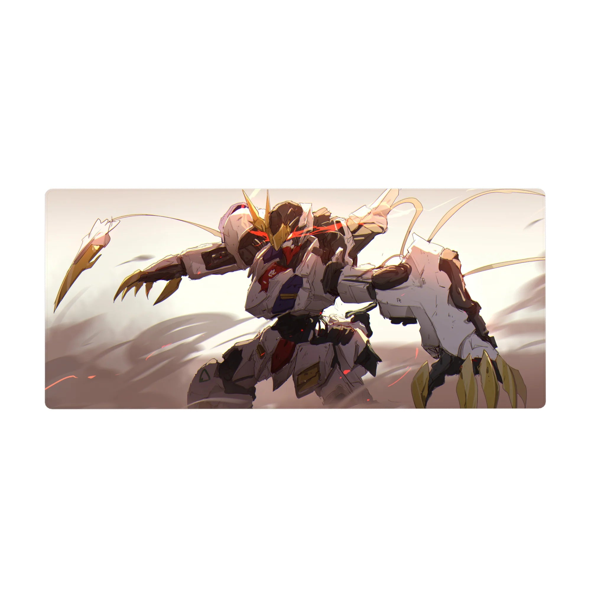 36x16 inches anime desk pad featuring Gundam Barbatos in bold mecha art, clean gamer setup style.