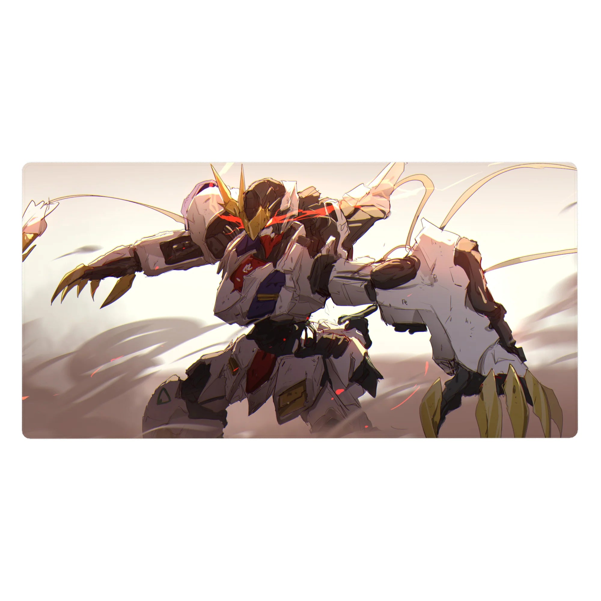 Anime desk pad 40x20 inches featuring a feral Gundam mecha in dusty light with clean bold styling.