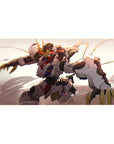 Anime desk pad 40x20 inches featuring a feral Gundam mecha in dusty light with clean bold styling.