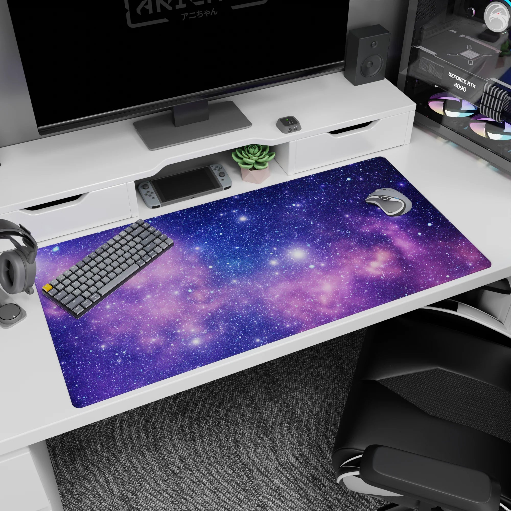 Violet night sky scene desk pad, 40x20 inches, with tiny confetti-like stars across hazy gradients.