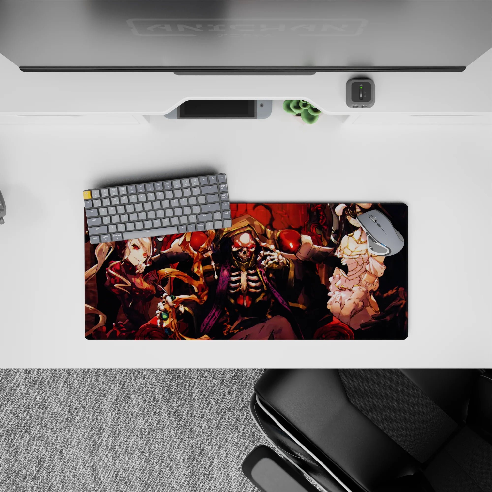 Anime mouse pad 28x12 inches featuring Ainz Ooal Gown, Albedo, and Shalltear from Overlord, exuding dark fantasy vibes.