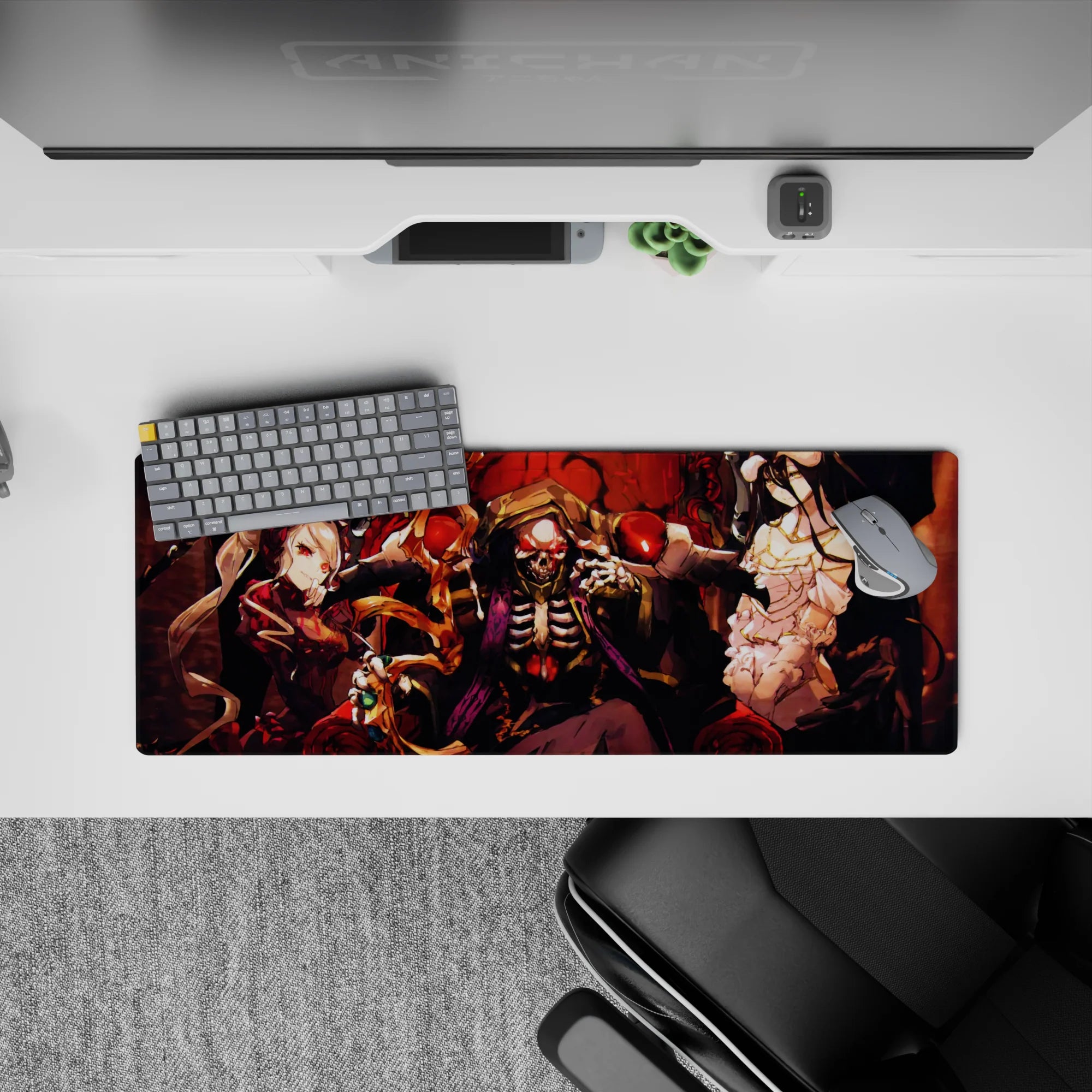 Anime mouse pad 32x12 inches featuring Ainz Ooal Gown, Albedo, and Shalltear from Overlord, exuding power and gothic detail.