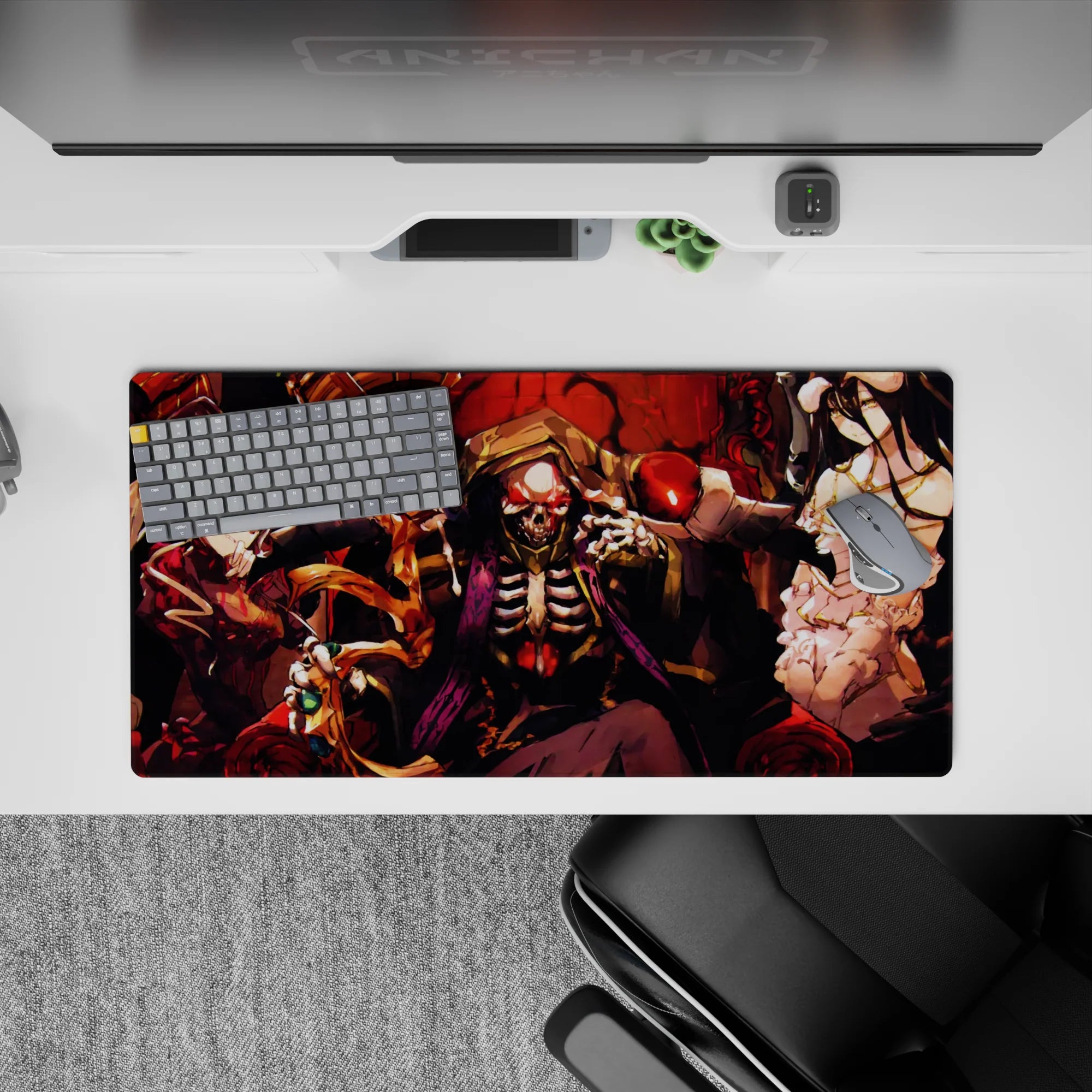 Anime mouse pad 32x16 inches featuring Ainz Ooal Gown, Albedo, and Shalltear from Overlord, exuding power and gothic allure.