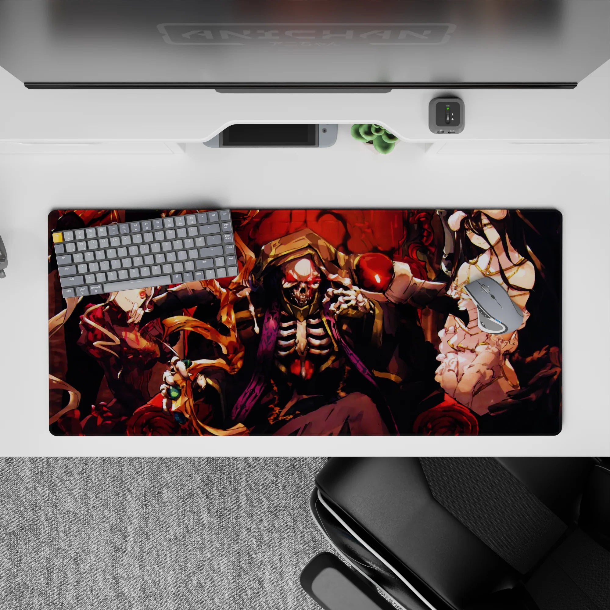 Anime mouse pad 36x16 inches featuring Ainz Ooal Gown, Albedo, and Shalltear from Overlord, exuding a dark fantasy vibe.