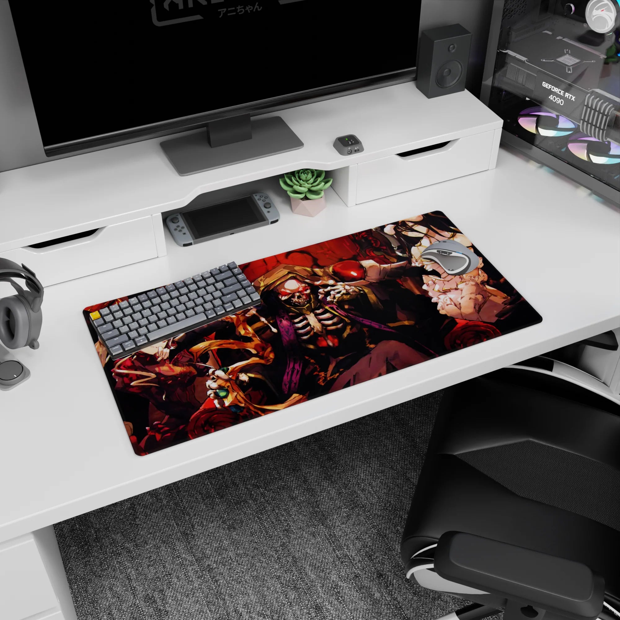 Overlord anime mouse pad 32x16 inches featuring Ainz Ooal Gown, Albedo, and Shalltear, exuding power and dark fantasy.
