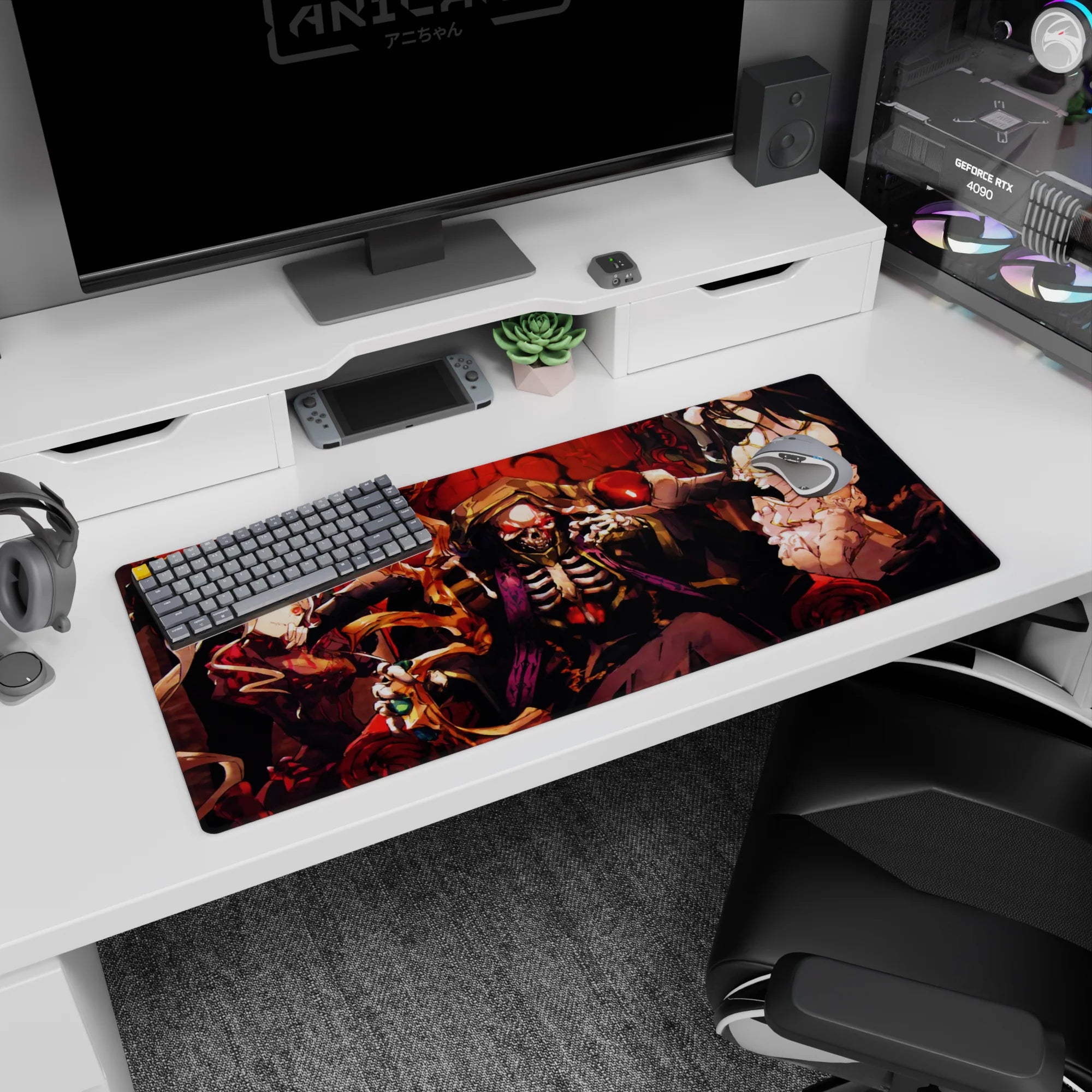 Anime mouse pad 36x16 inches featuring Ainz Ooal Gown, Albedo, and Shalltear from Overlord, with gothic details.