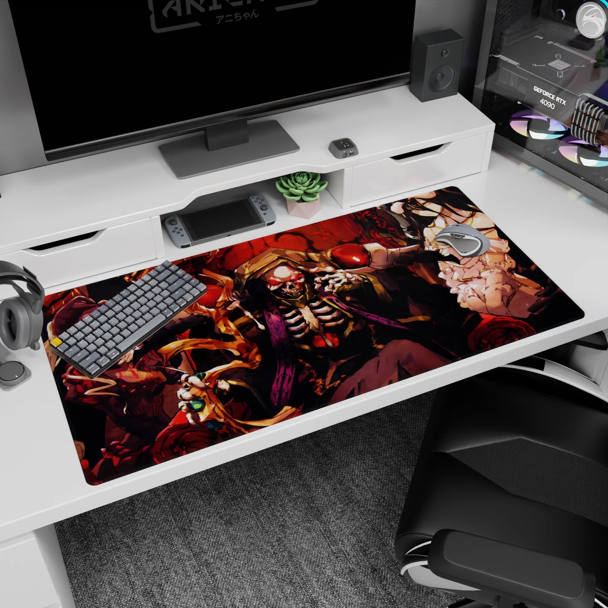 Anime desk pad 40x20 inches featuring Ainz Ooal Gown, Albedo, and Shalltear from Overlord, perfect for a dark fantasy setup.