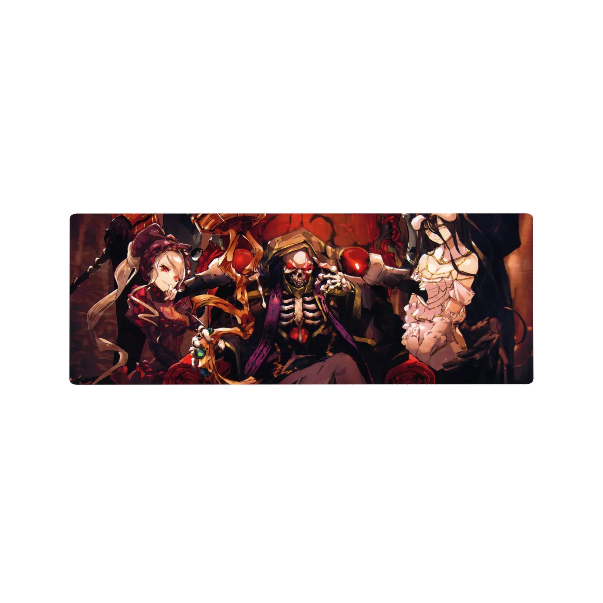 Anime mouse pad 32x12 inches featuring Ainz Ooal Gown, Albedo, and Shalltear from Overlord, exuding power and dark fantasy.
