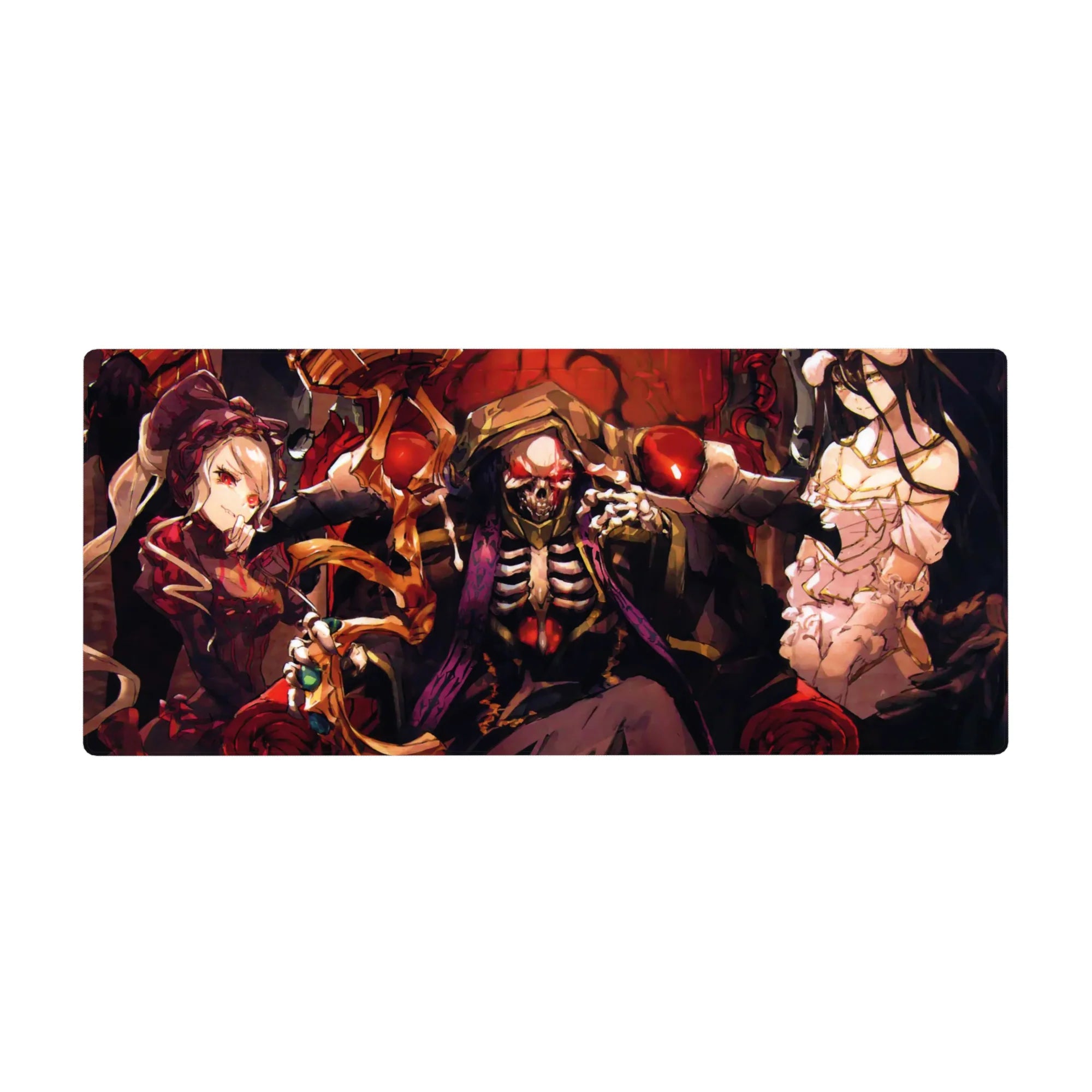 Anime mouse pad 36x16 inches featuring Ainz Ooal Gown, Albedo, and Shalltear from Overlord, exuding gothic power.