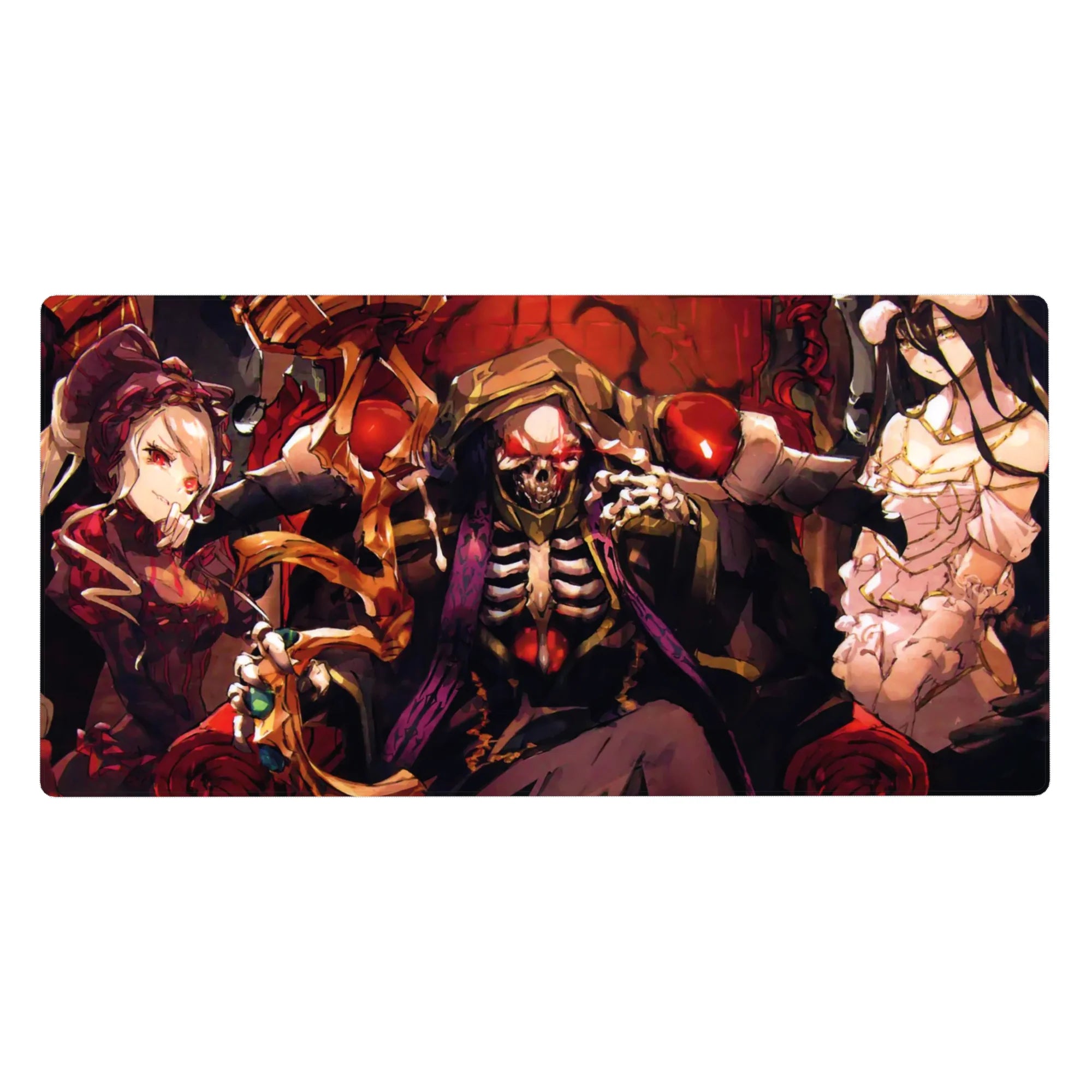 Anime desk pad 40x20 inches featuring Ainz Ooal Gown on throne with Albedo and Shalltear from Overlord, gothic detail.