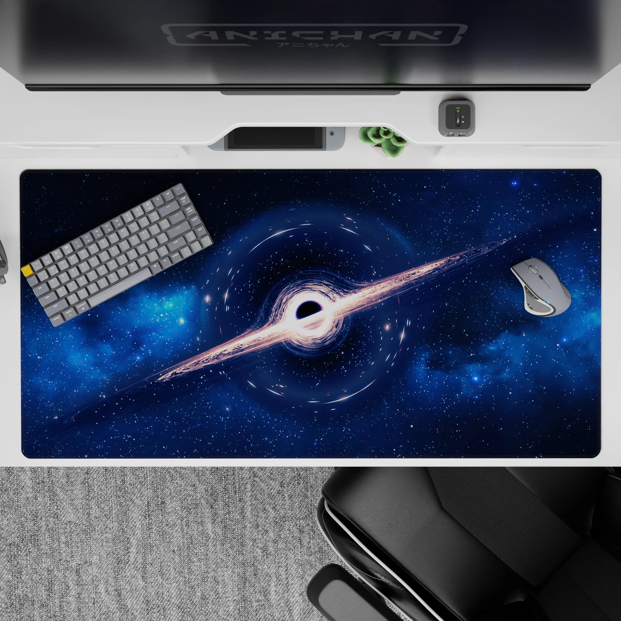 Calm deep navy to icy glow desk pad 40x20 inches with starry night vibe and gentle nebula haze.
