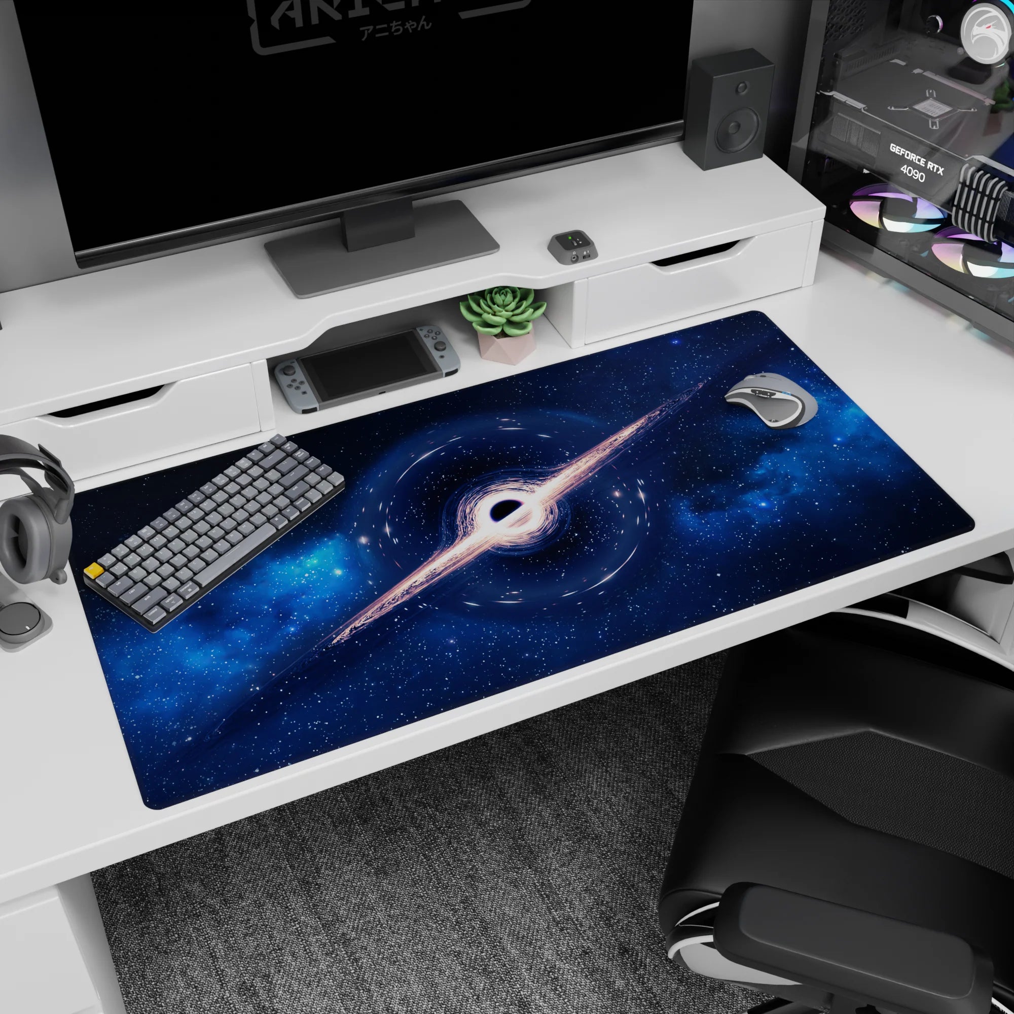 Bright spiral ring around a dark center desk pad 40x20 inches, winking space scene with streaky light band.