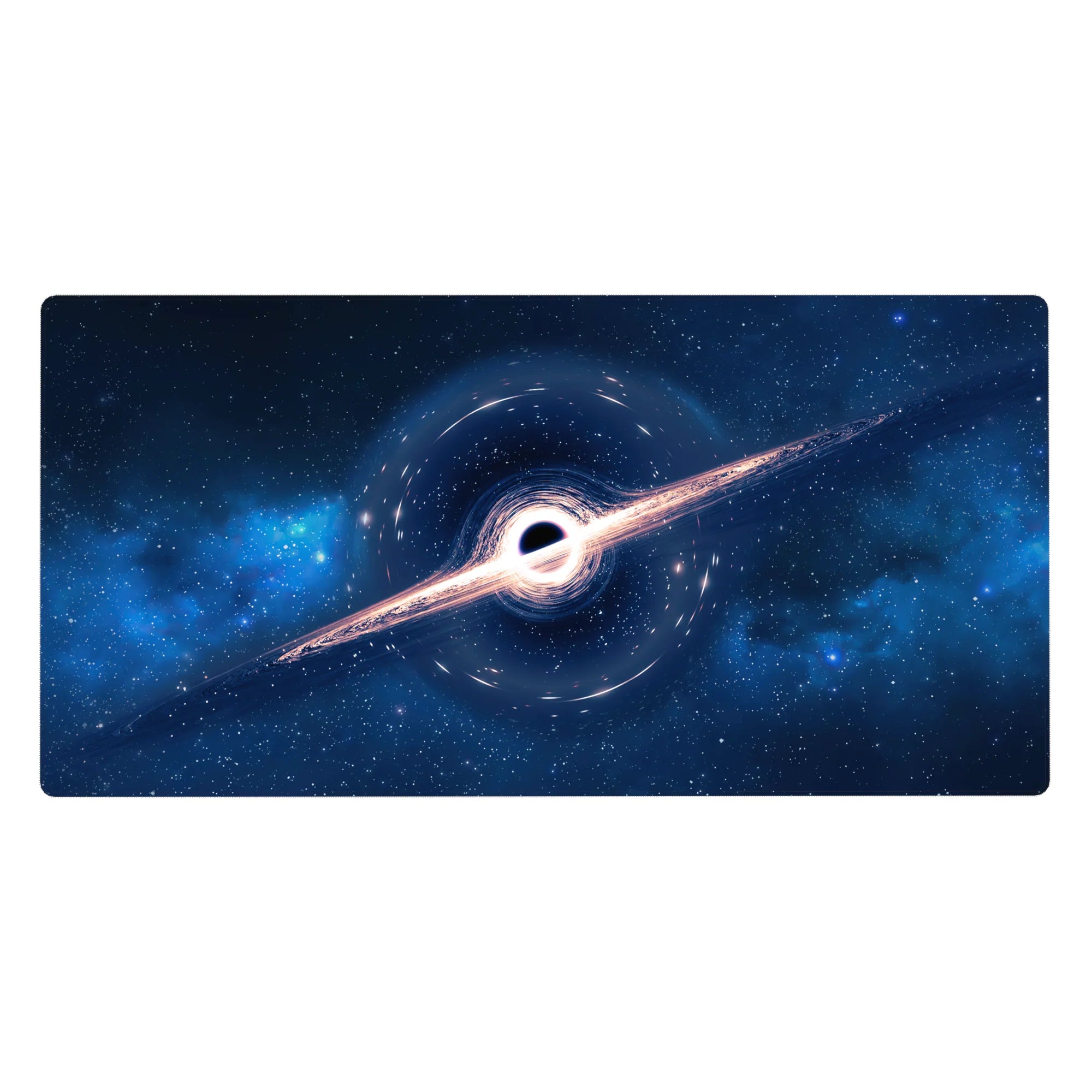 Dreamy blue cosmos desk pad 40x20 inches with scattered stars, soft nebula clouds, and swirling halo ring.