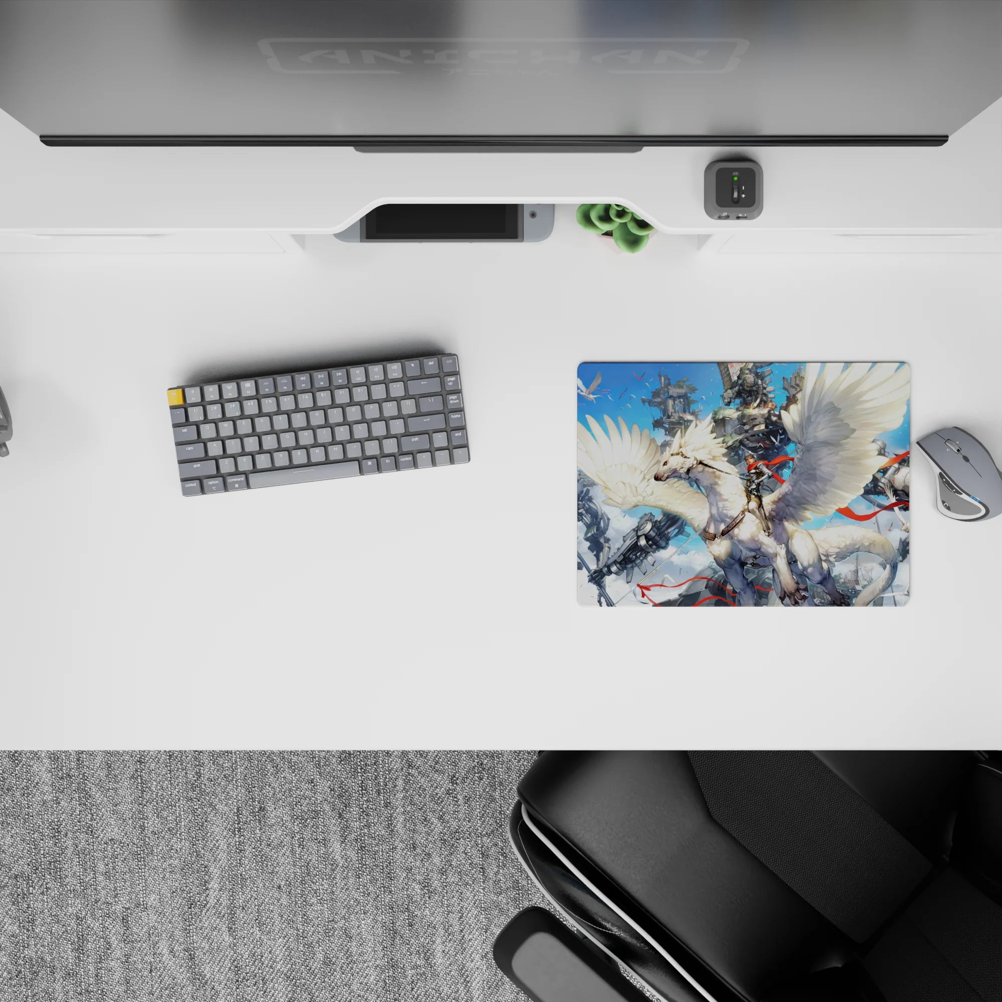 14x10 inches anime mouse pad in crisp whites and chrome grays with vivid scarlet ribbons, tense sky battle.