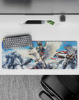 32x12 inches anime mouse pad in crisp whites and chrome grays with vivid scarlet ribbons, bold sky scene.