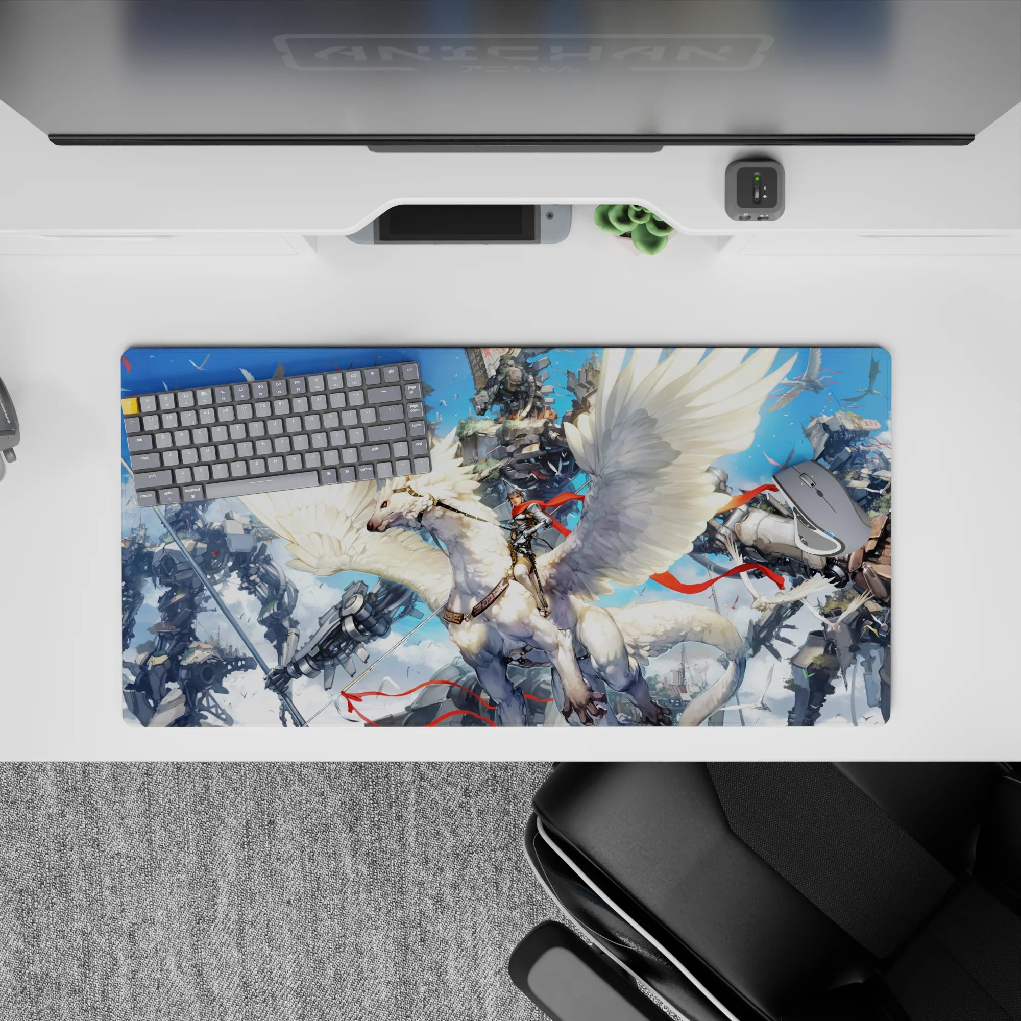 32x16 inches anime mouse pad in crisp whites, chrome grays, and scarlet ribbons against bright blue.
