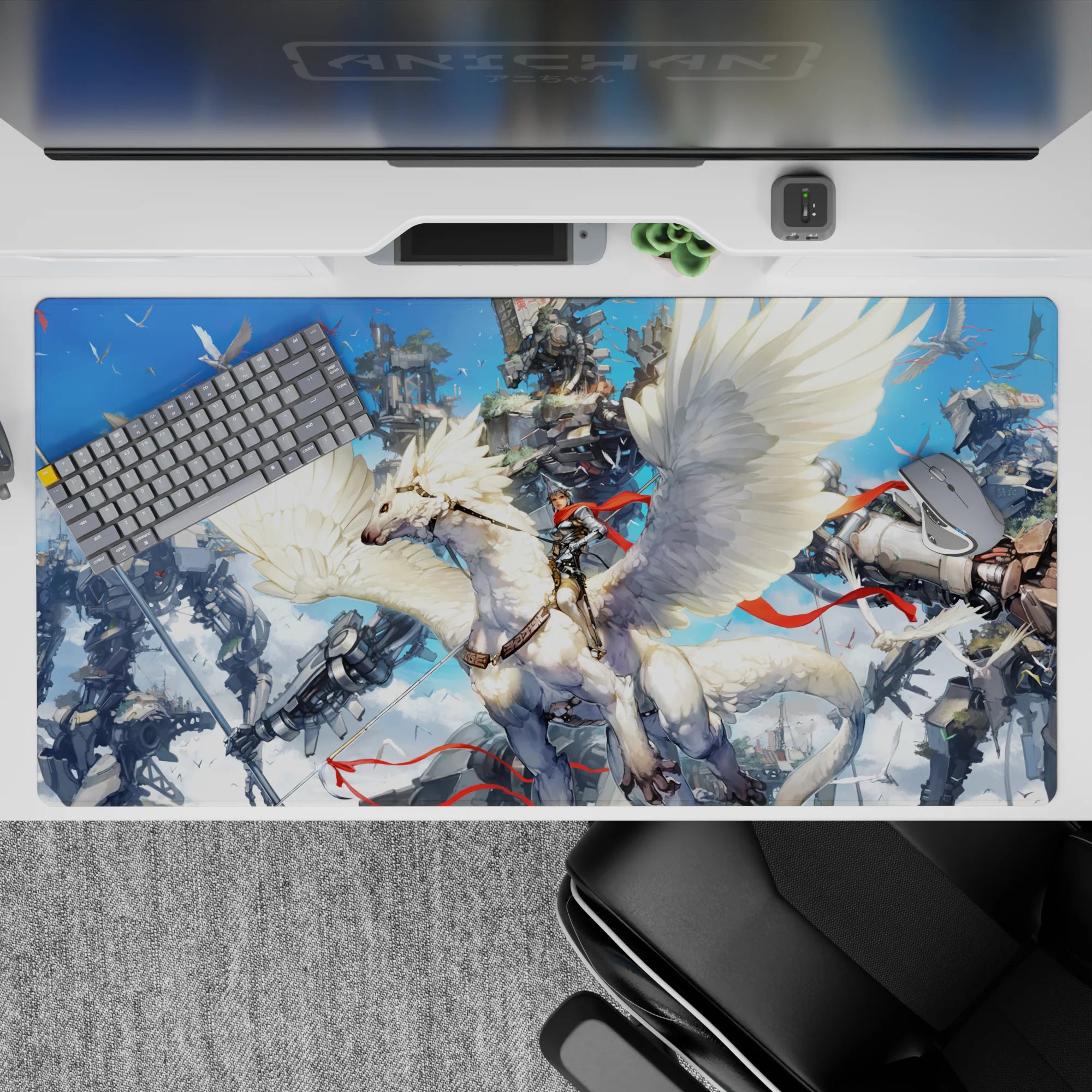 40x20 inches anime desk pad in crisp white and chrome gray with vivid scarlet ribbons, bright sky drama.