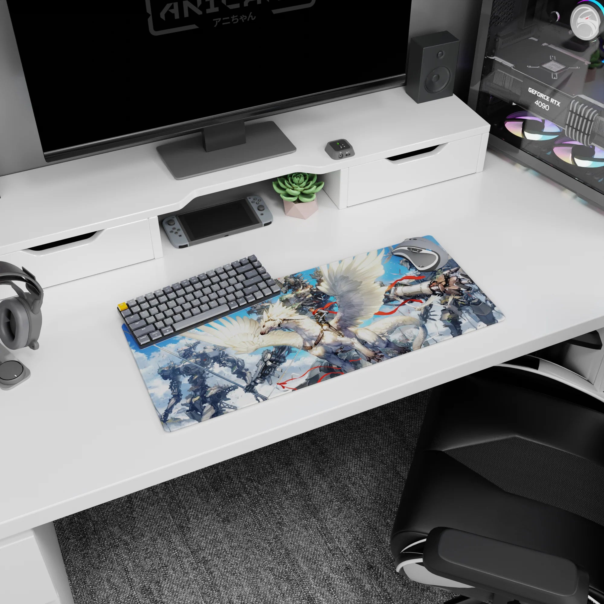 Anime mouse pad 28x12 inches showing silver rider flying through blue skies, red ribbons and birds, mechs behind.