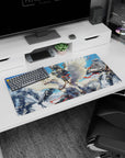 32x16 inches anime mouse pad showing silver rider charging through clouds, birds circling, giant mechs behind.