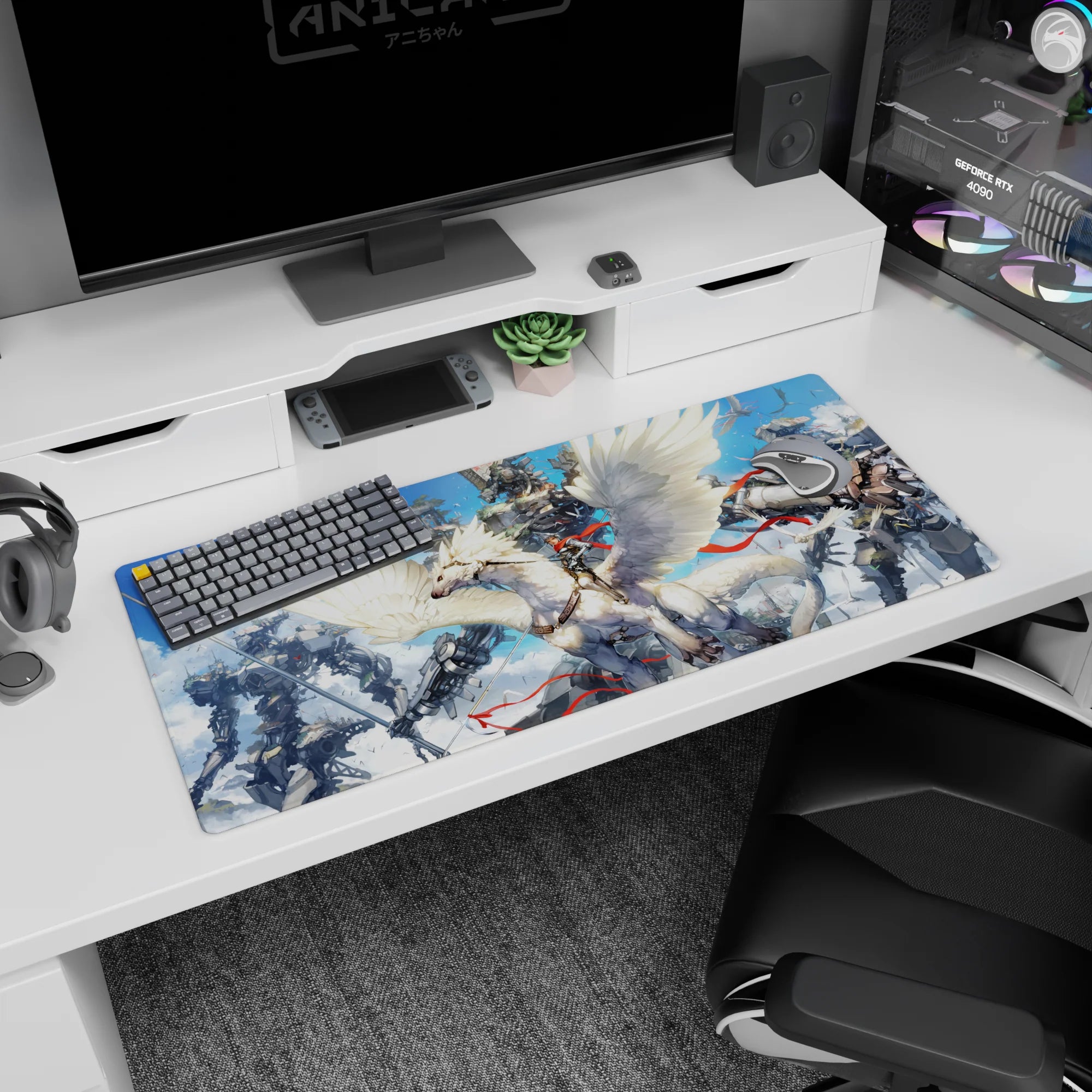 36x16 inches anime desk pad showing silver rider flying on giant winged beast, birds and mechs behind.