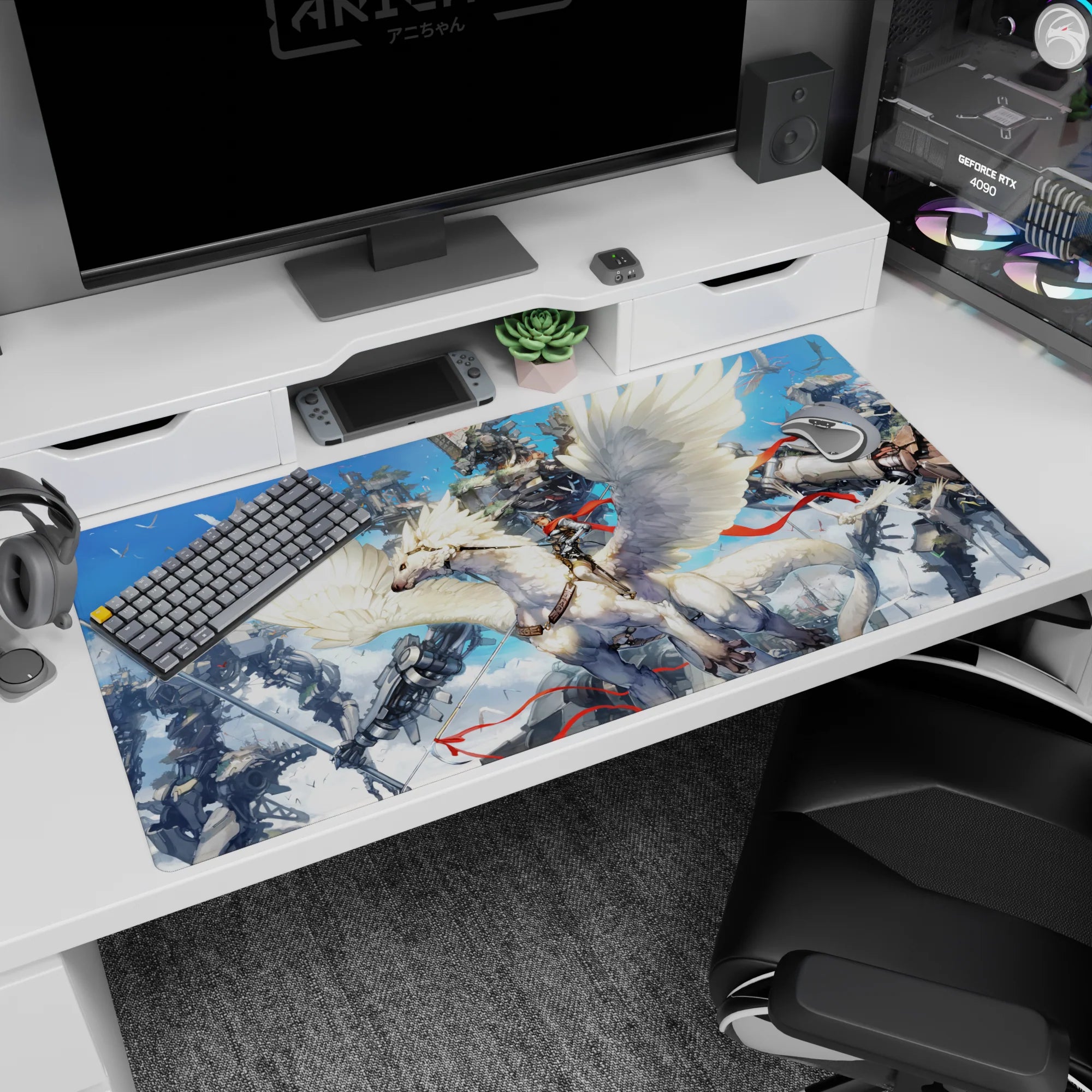 40x20 inches anime desk pad showing silver rider charging on a giant winged beast with birds and cloud mechs.