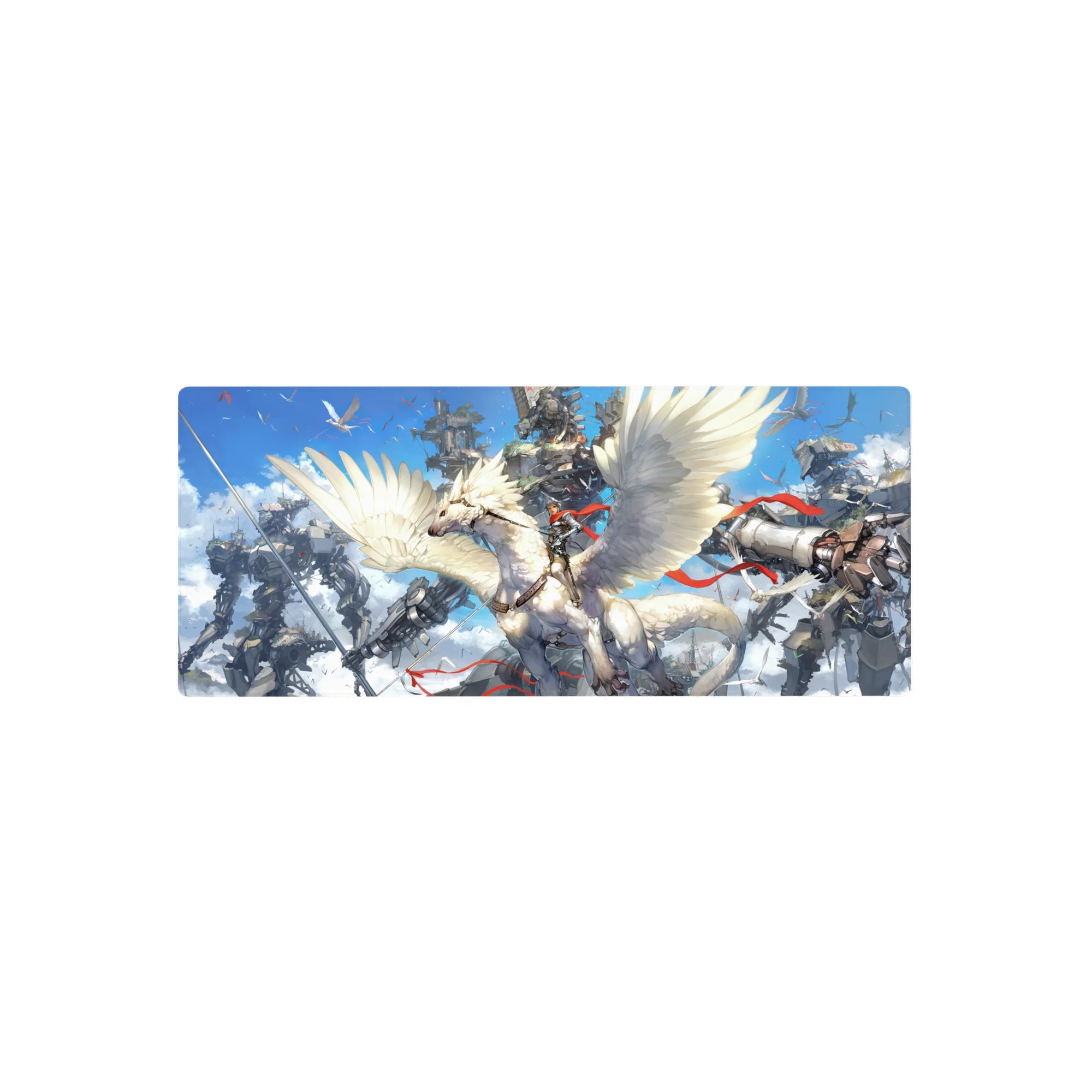 Anime mouse pad 28x12 inches with armored rider on a white winged beast and towering cloud mechs.